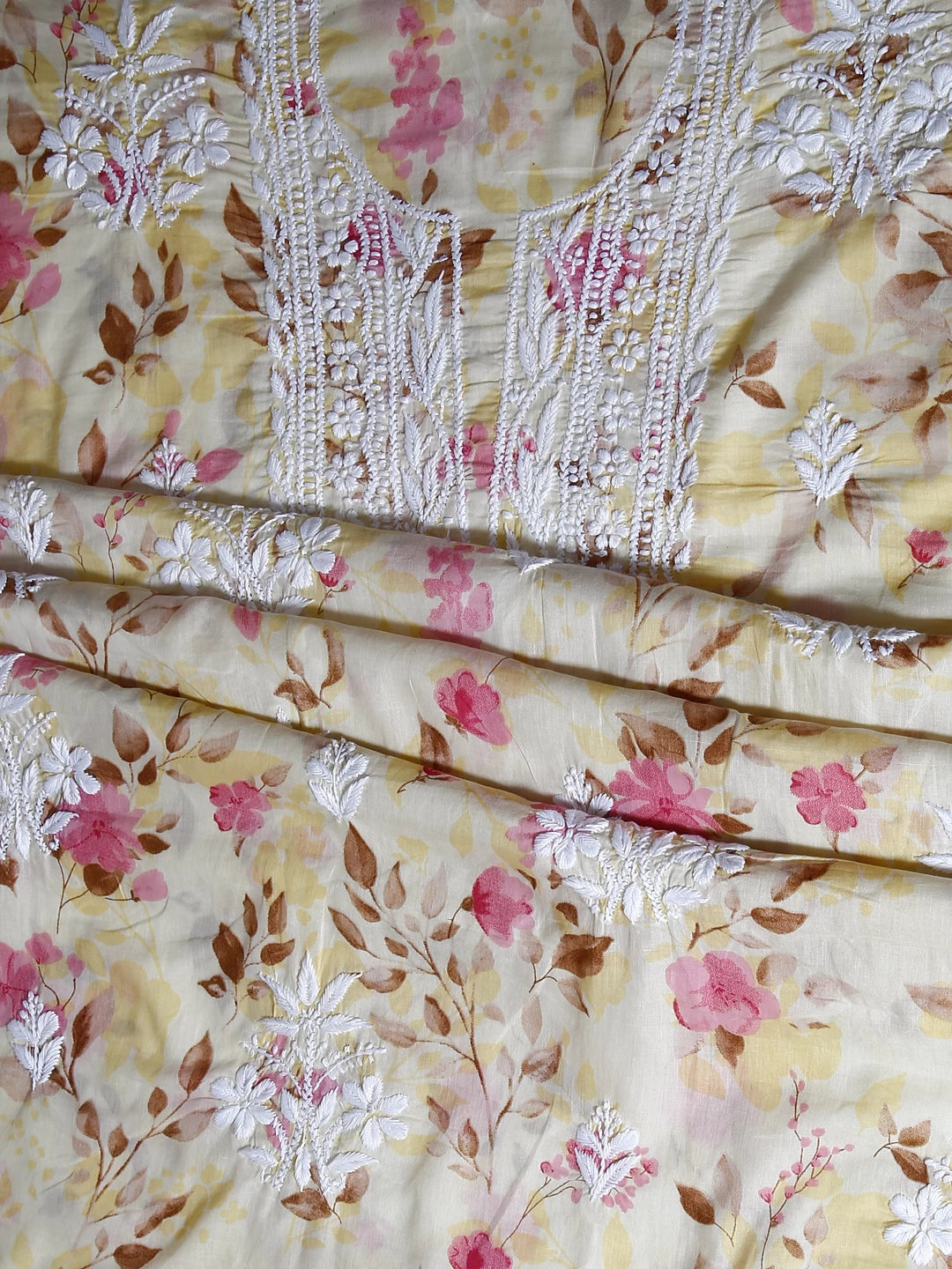 Ada Hand Embroidered Champagne Yellow Cotton Blend Lucknowi Chikankari Unstitched Kurta Dupatta Set 01A444400