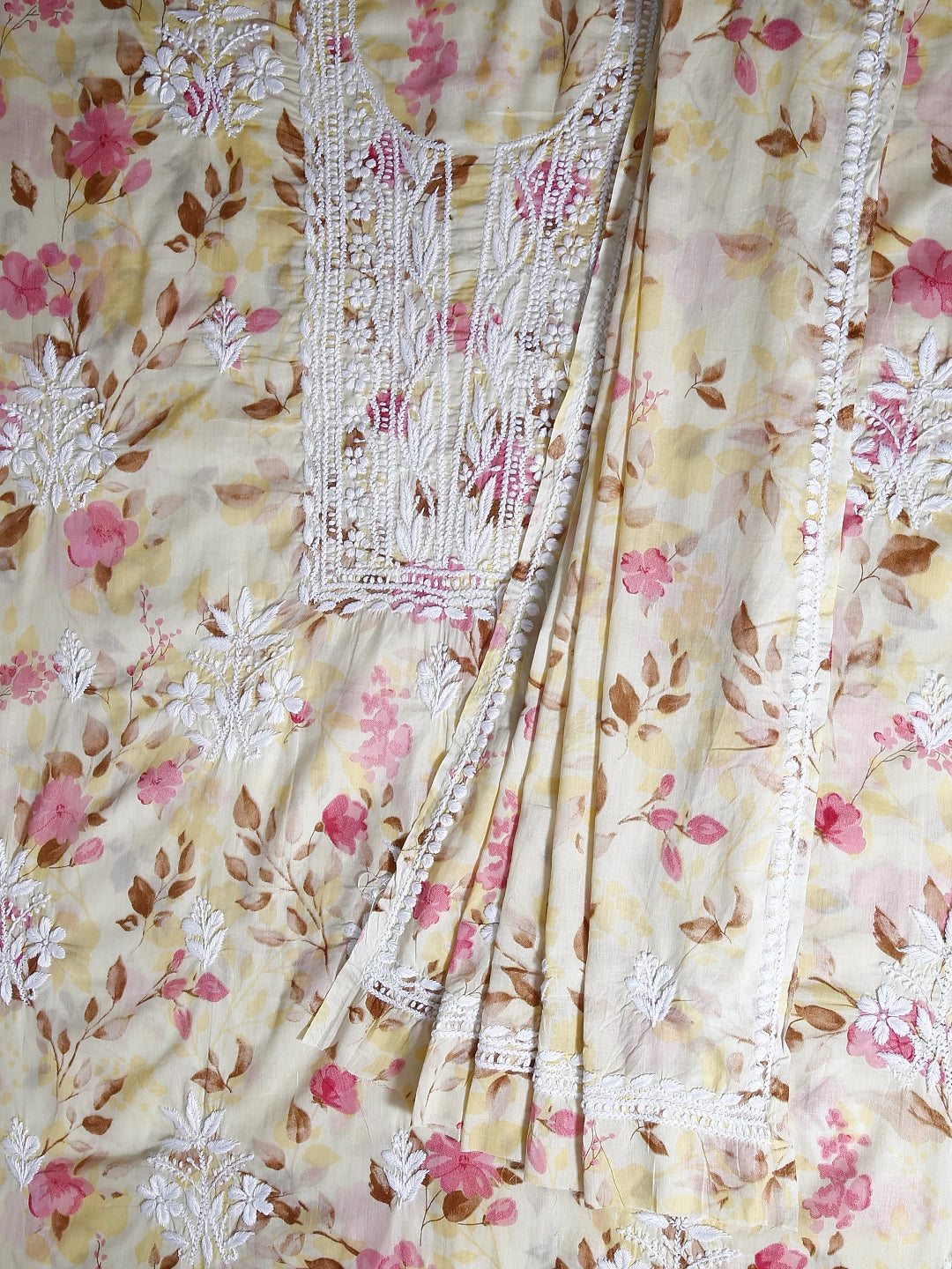 Ada Hand Embroidered Champagne Yellow Cotton Blend Lucknowi Chikankari Unstitched Kurta Dupatta Set 01A444400