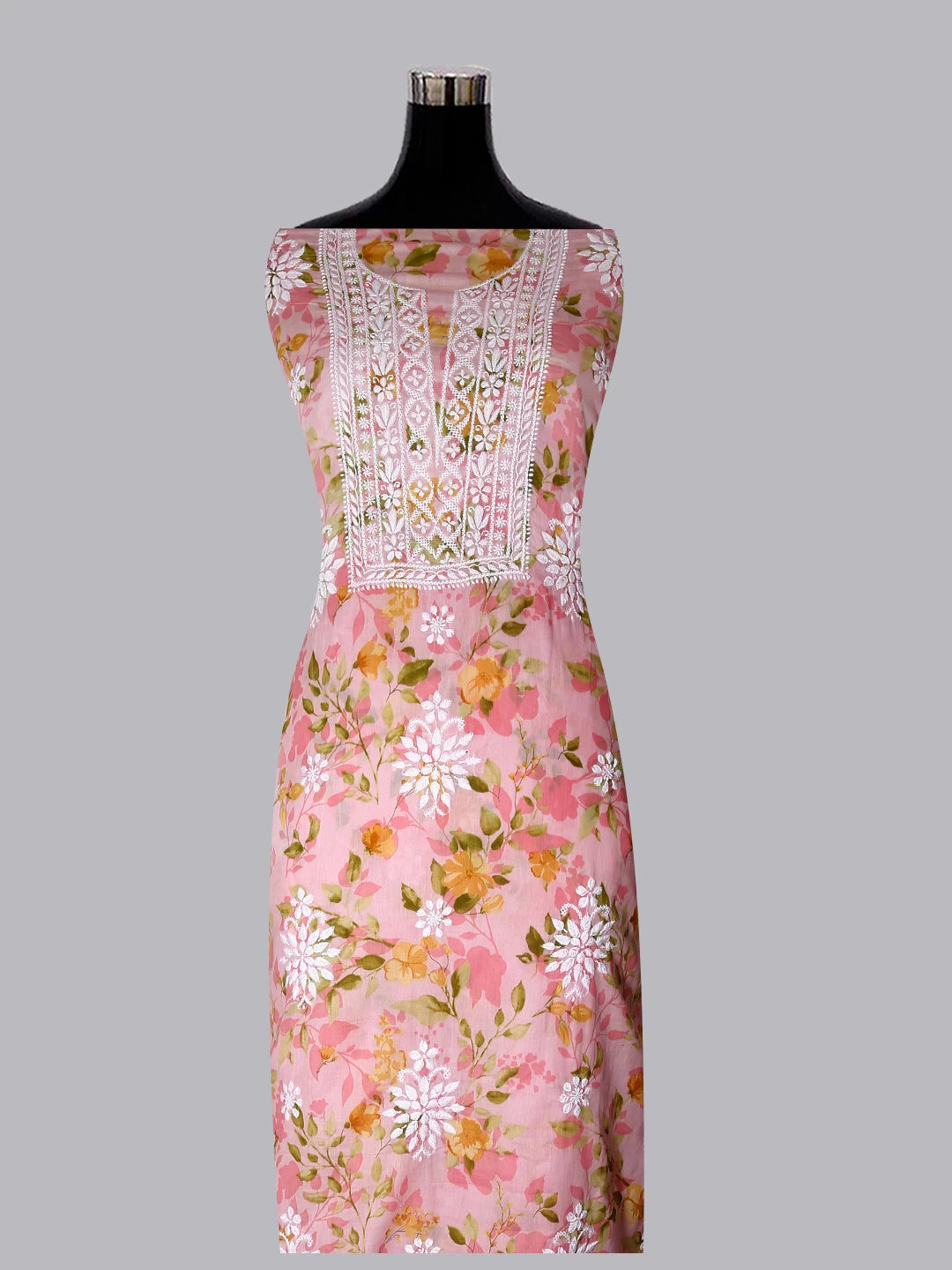 Ada Hand Embroidered Spanish Pink Floral Print Cotton Blend Lucknowi Chikankari Unstitched Kurta Dupatta Set 01A444416
