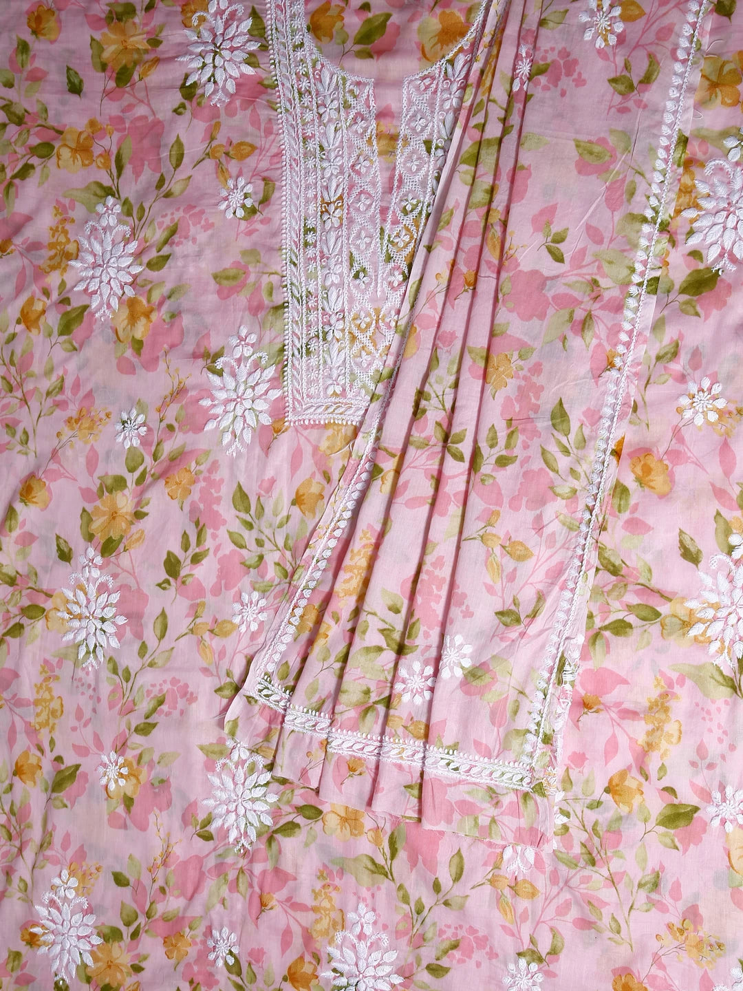 Ada Hand Embroidered Spanish Pink Floral Print Cotton Blend Lucknowi Chikankari Unstitched Kurta Dupatta Set 01A444416