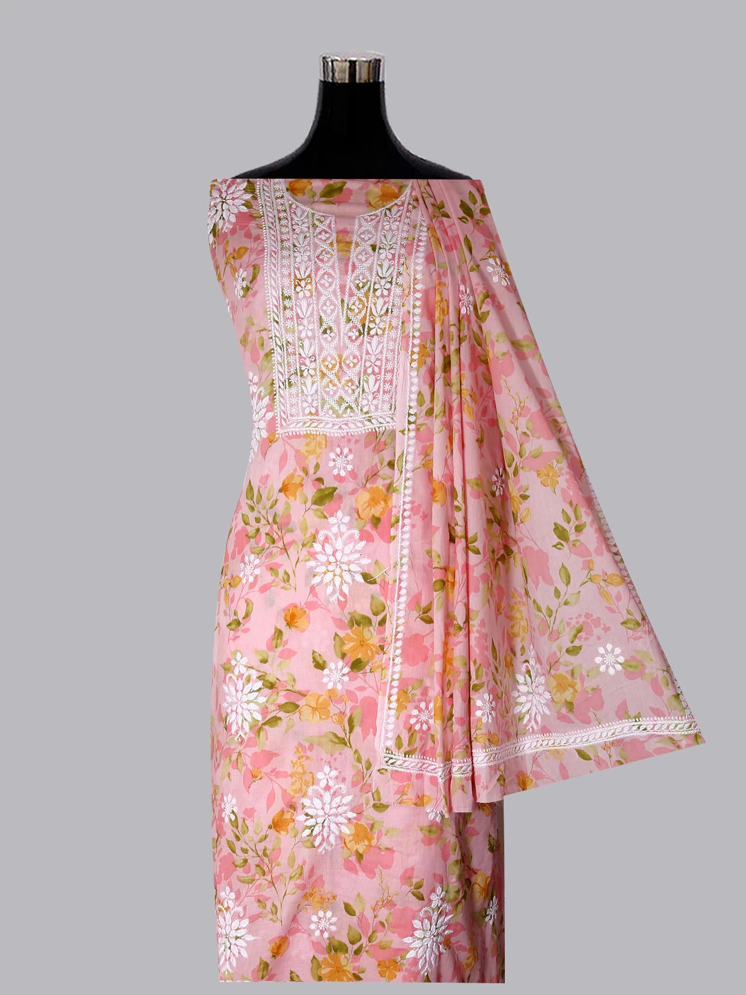 Ada Hand Embroidered Spanish Pink Floral Print Cotton Blend Lucknowi Chikankari Unstitched Kurta Dupatta Set 01A444416