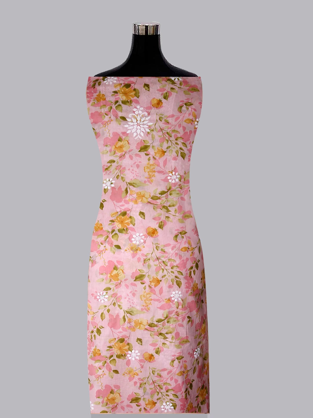 Ada Hand Embroidered Spanish Pink Floral Print Cotton Blend Lucknowi Chikankari Unstitched Kurta Dupatta Set 01A444416