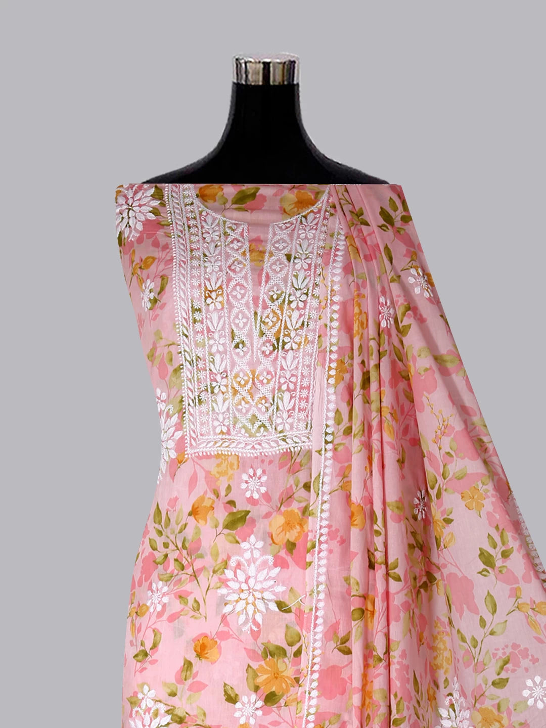 Ada Hand Embroidered Spanish Pink Floral Print Cotton Blend Lucknowi Chikankari Unstitched Kurta Dupatta Set 01A444416
