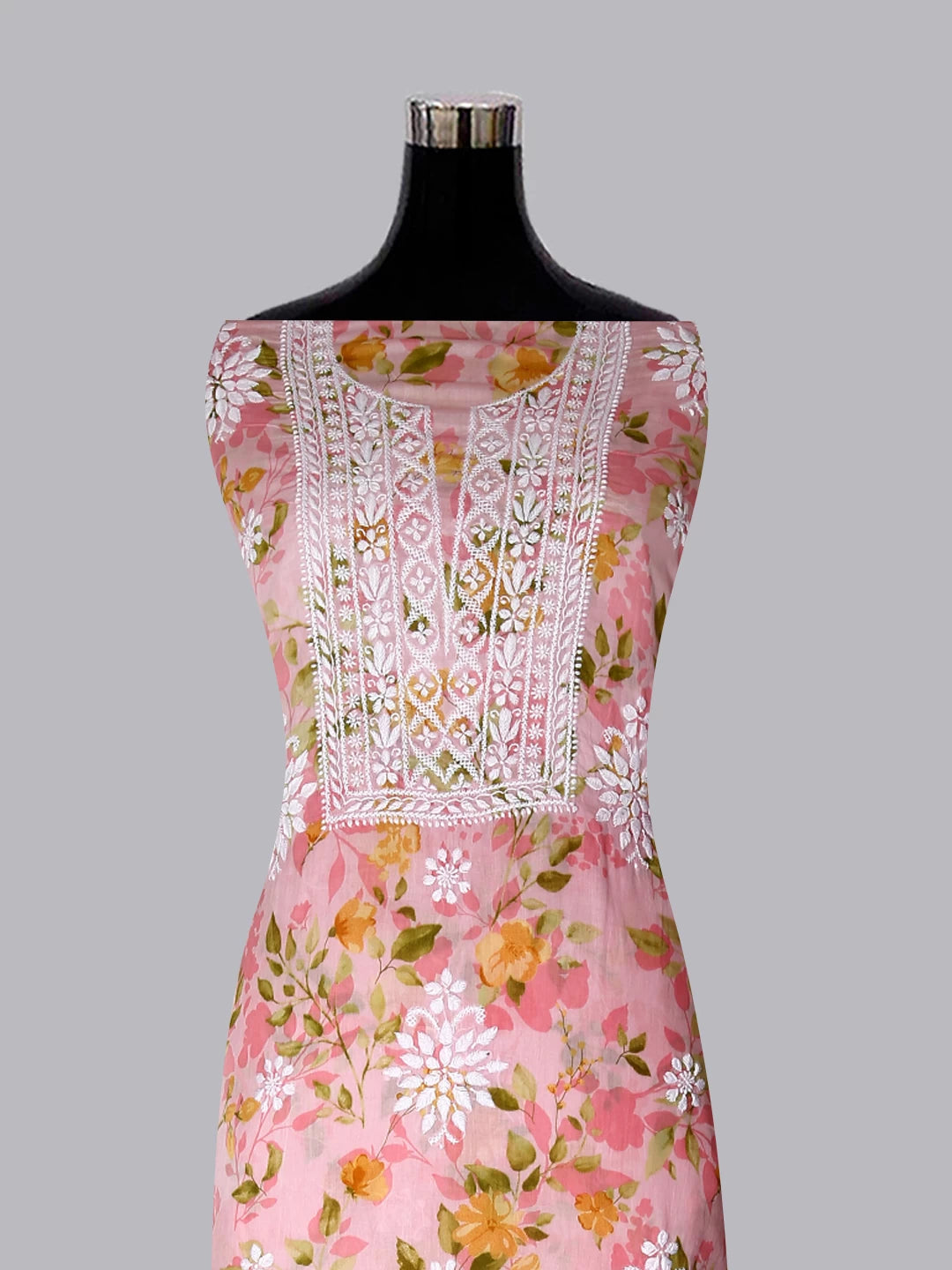 Ada Hand Embroidered Spanish Pink Floral Print Cotton Blend Lucknowi Chikankari Unstitched Kurta Dupatta Set 01A444416