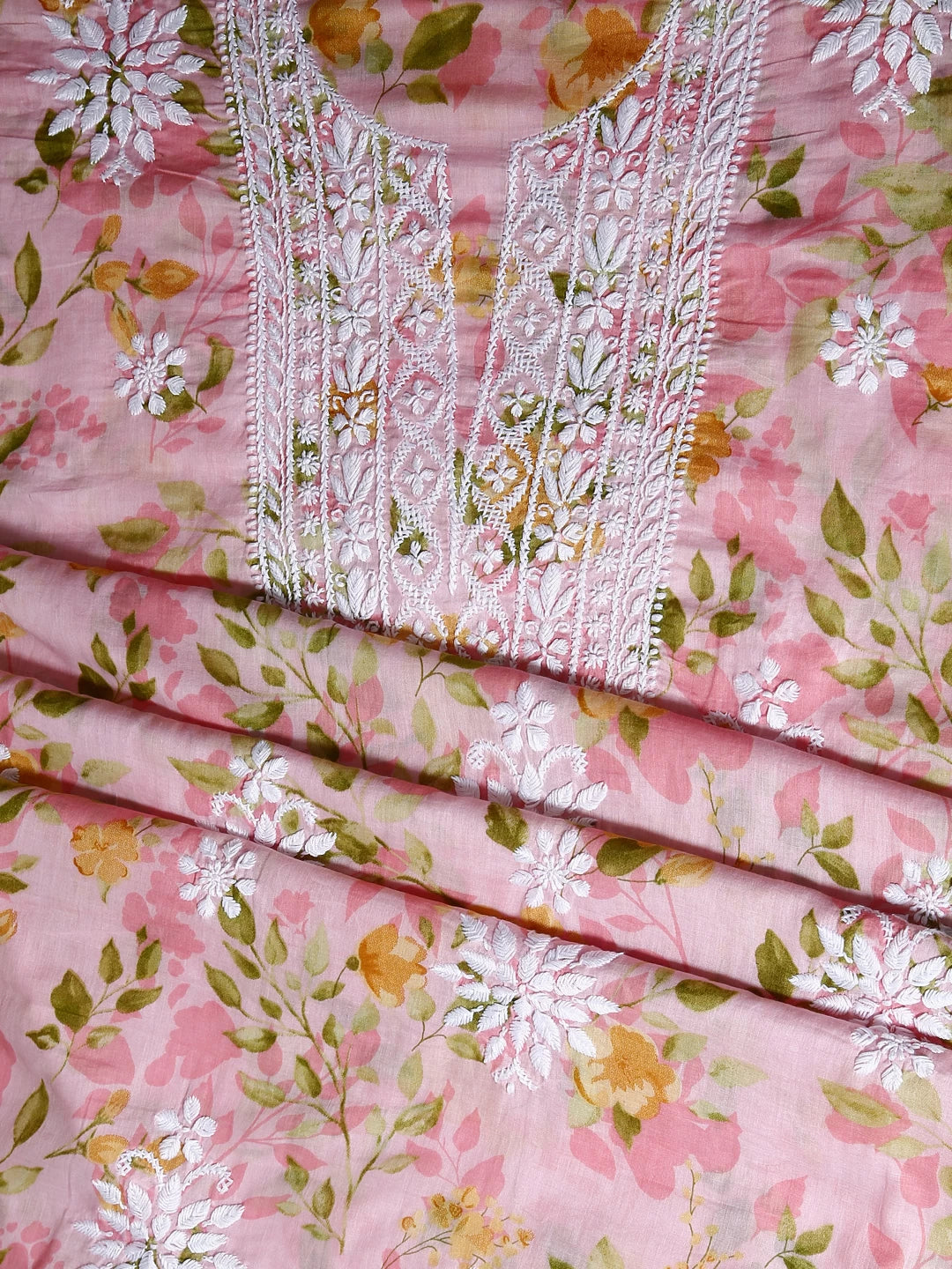 Ada Hand Embroidered Spanish Pink Floral Print Cotton Blend Lucknowi Chikankari Unstitched Kurta Dupatta Set 01A444416