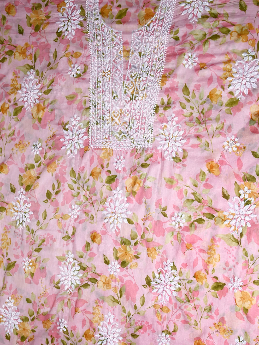 Ada Hand Embroidered Spanish Pink Floral Print Cotton Blend Lucknowi Chikankari Unstitched Kurta Dupatta Set 01A444416