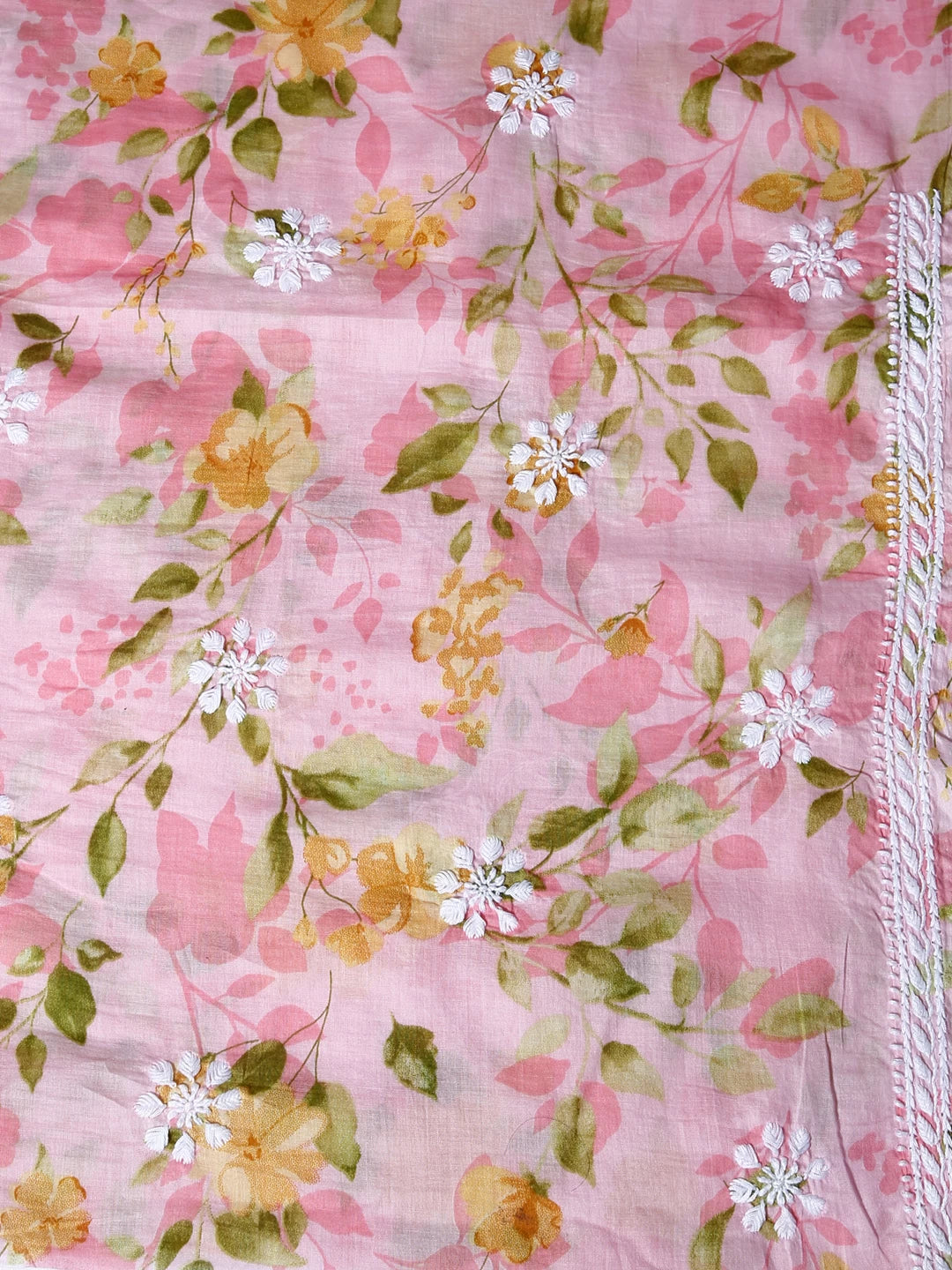 Ada Hand Embroidered Spanish Pink Floral Print Cotton Blend Lucknowi Chikankari Unstitched Kurta Dupatta Set 01A444416