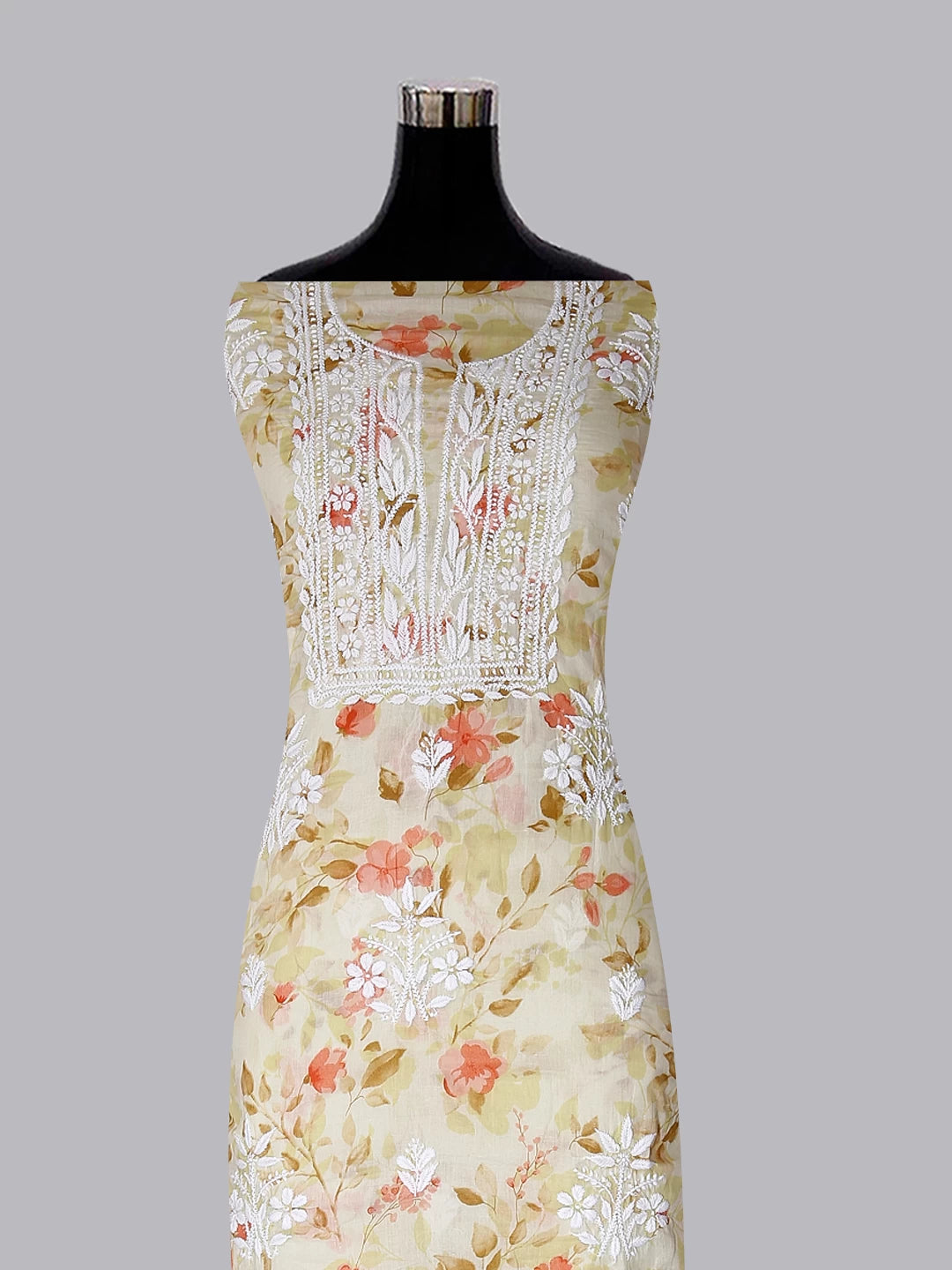 Ada Hand Embroidered Lemon Floral Print Cotton Blend Lucknowi Chikankari Unstitched Kurta Dupatta Set 01A444661