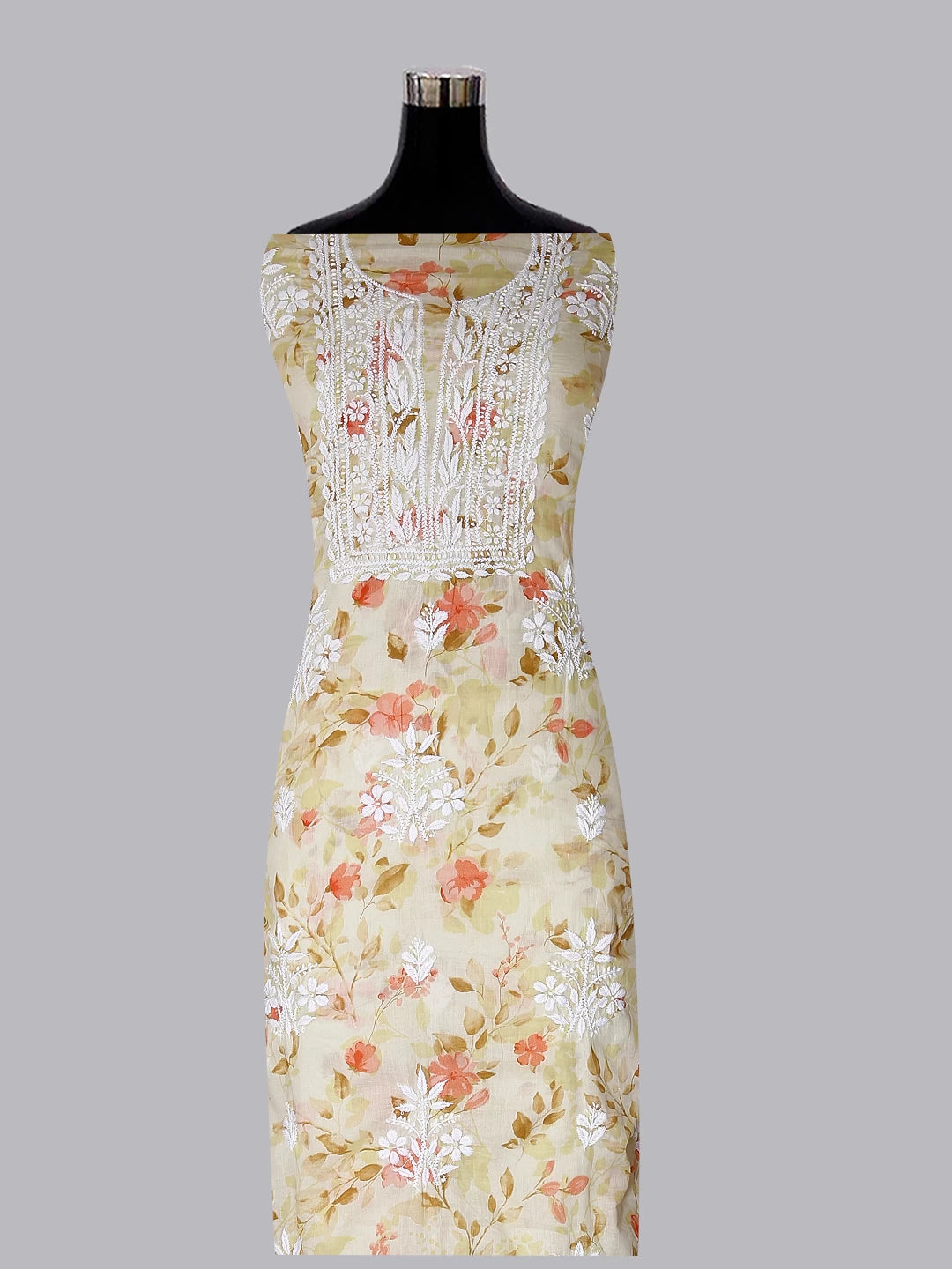 Ada Hand Embroidered Lemon Floral Print Cotton Blend Lucknowi Chikankari Unstitched Kurta Dupatta Set 01A444661