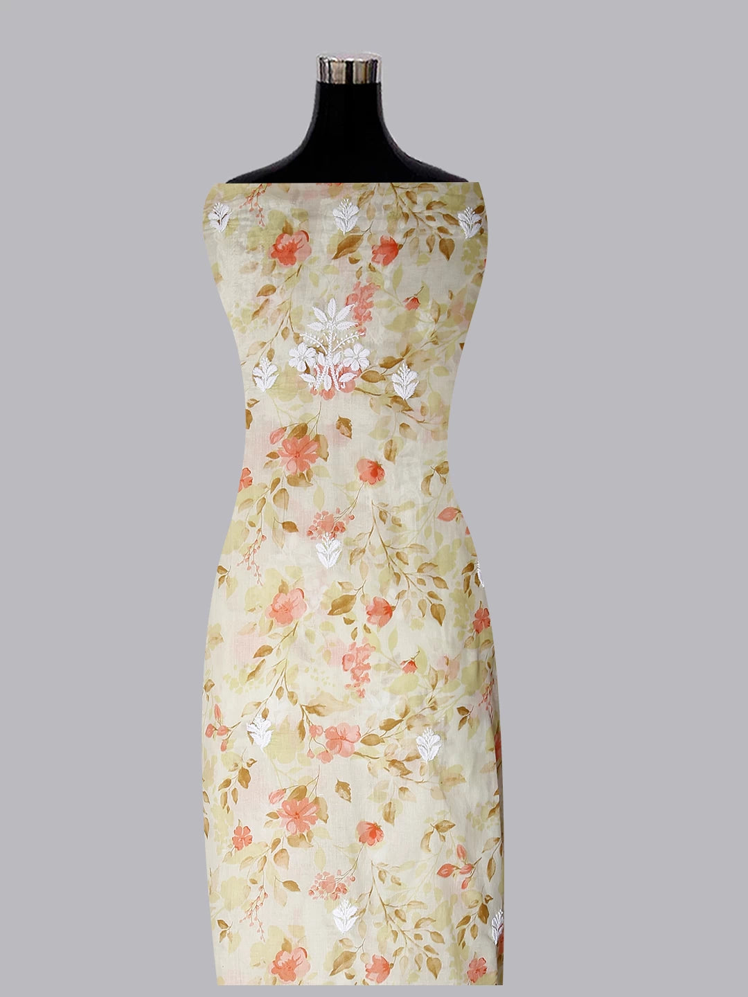 Ada Hand Embroidered Lemon Floral Print Cotton Blend Lucknowi Chikankari Unstitched Kurta Dupatta Set 01A444661