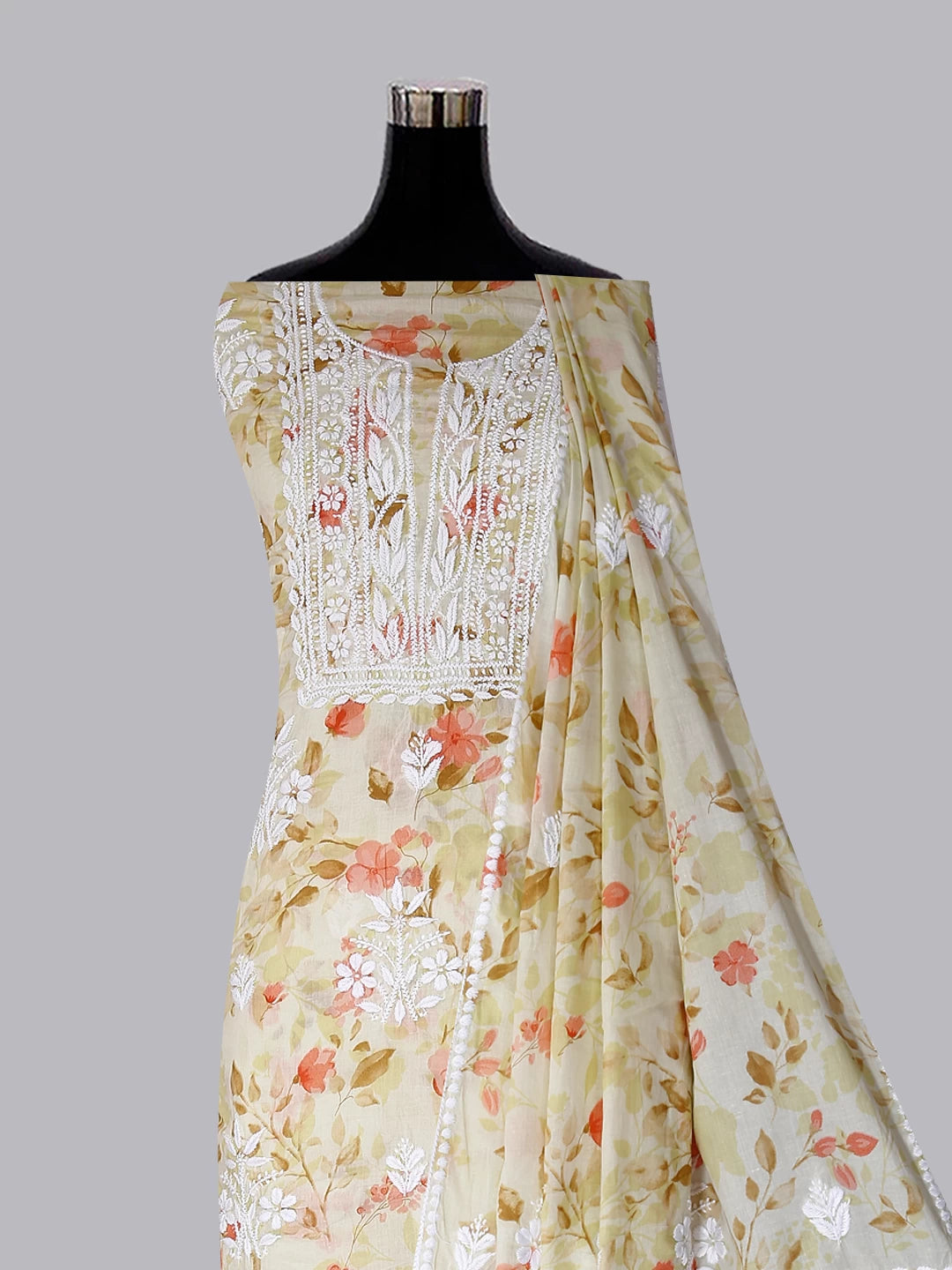 Ada Hand Embroidered Lemon Floral Print Cotton Blend Lucknowi Chikankari Unstitched Kurta Dupatta Set 01A444661