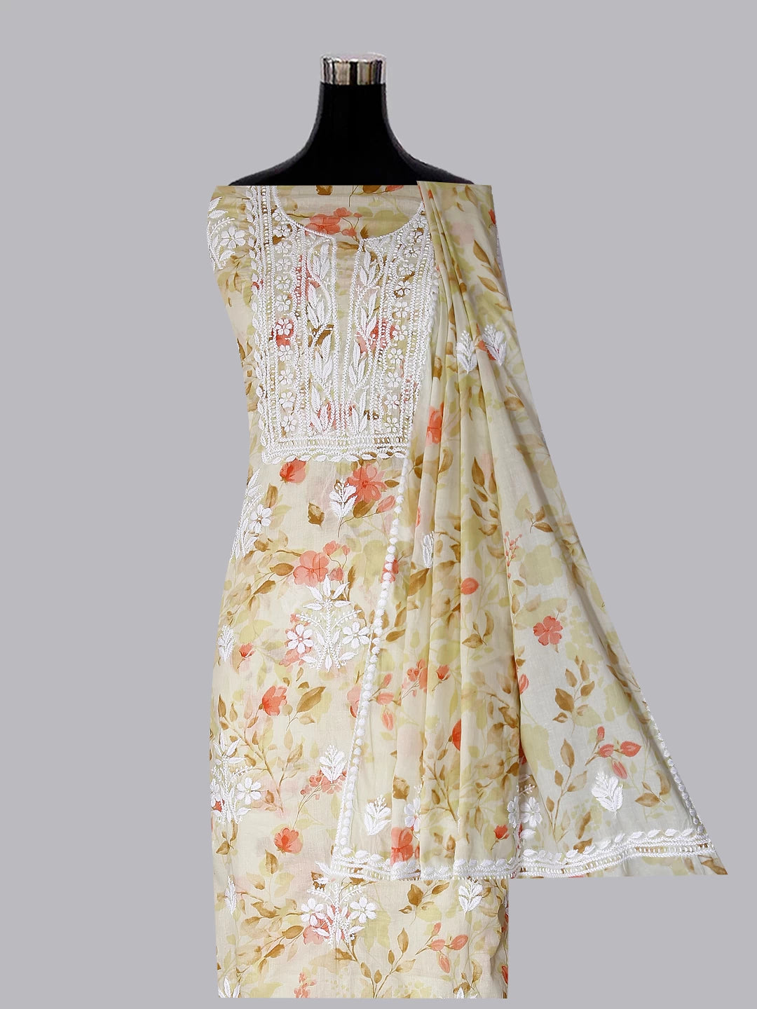 Ada Hand Embroidered Lemon Floral Print Cotton Blend Lucknowi Chikankari Unstitched Kurta Dupatta Set 01A444661