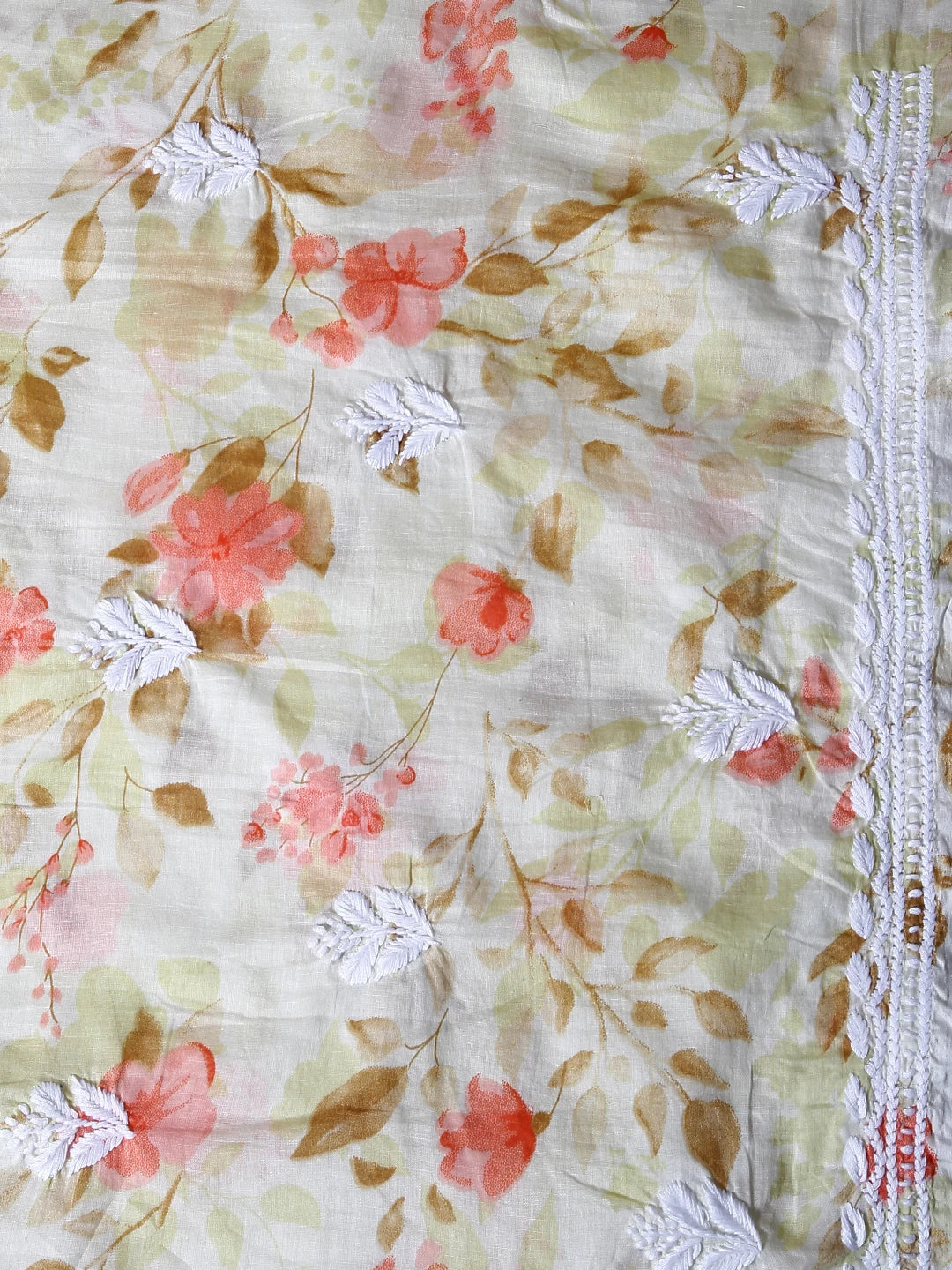 Ada Hand Embroidered Lemon Floral Print Cotton Blend Lucknowi Chikankari Unstitched Kurta Dupatta Set 01A444661