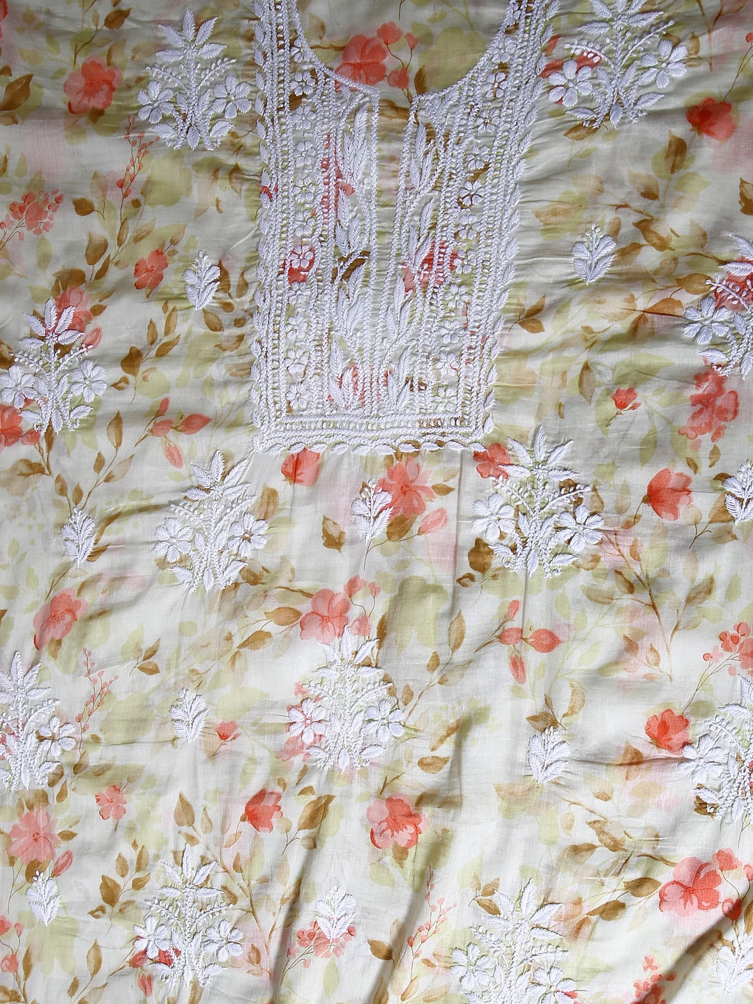 Ada Hand Embroidered Lemon Floral Print Cotton Blend Lucknowi Chikankari Unstitched Kurta Dupatta Set 01A444661