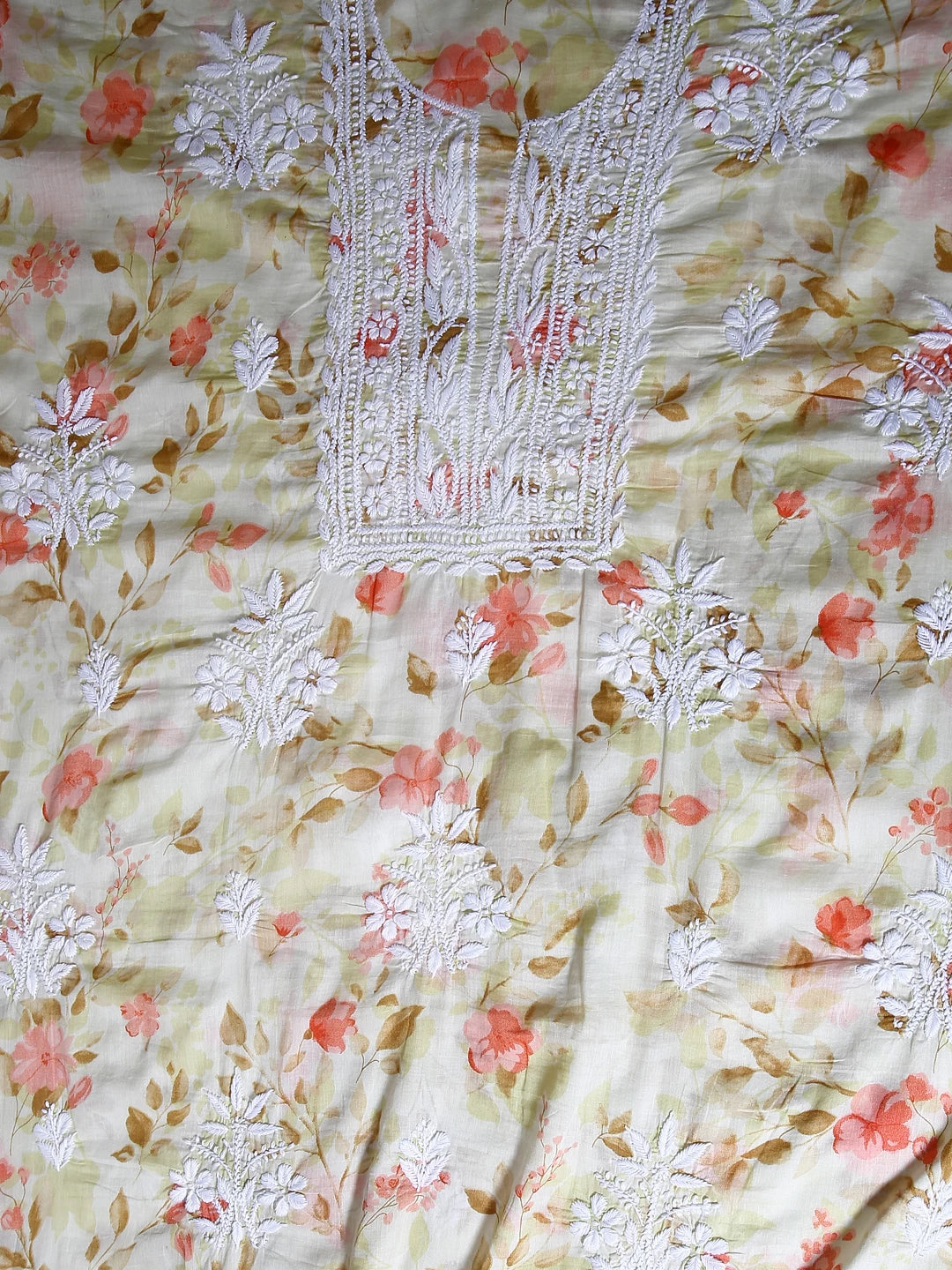 Ada Hand Embroidered Lemon Floral Print Cotton Blend Lucknowi Chikankari Unstitched Kurta Dupatta Set 01A444661