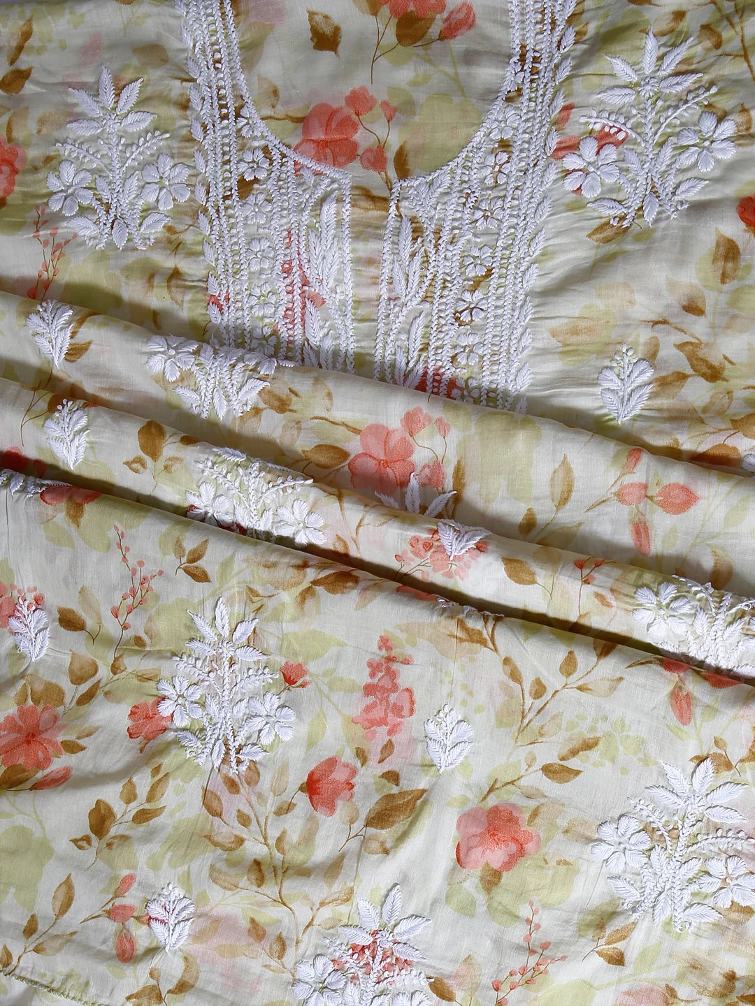 Ada Hand Embroidered Lemon Floral Print Cotton Blend Lucknowi Chikankari Unstitched Kurta Dupatta Set 01A444661
