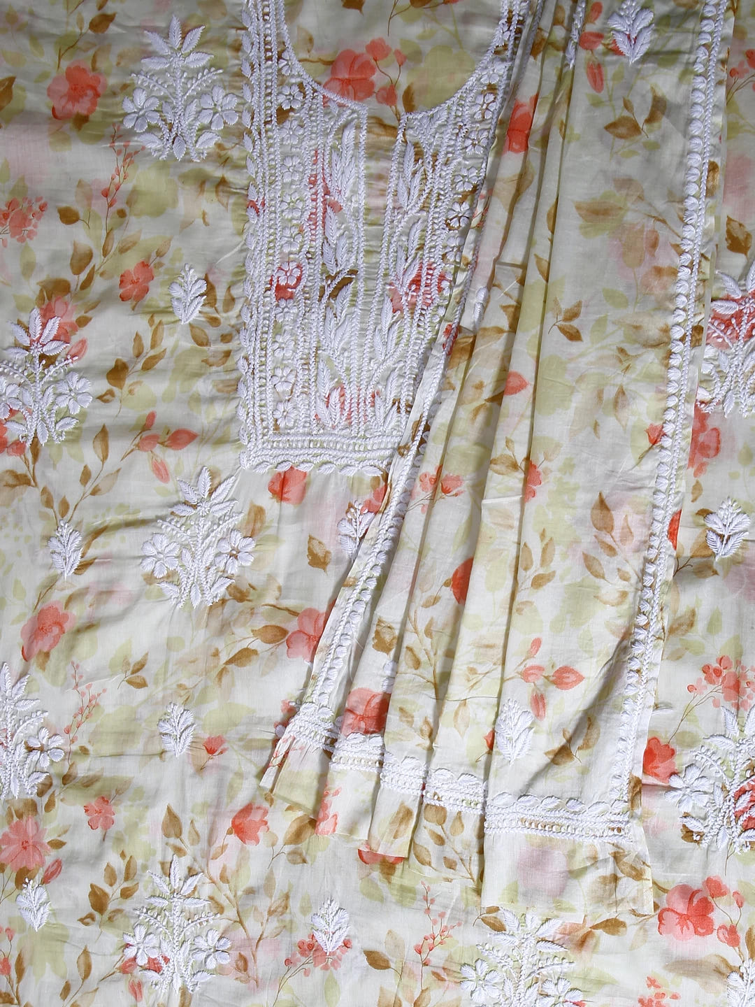 Ada Hand Embroidered Lemon Floral Print Cotton Blend Lucknowi Chikankari Unstitched Kurta Dupatta Set 01A444661