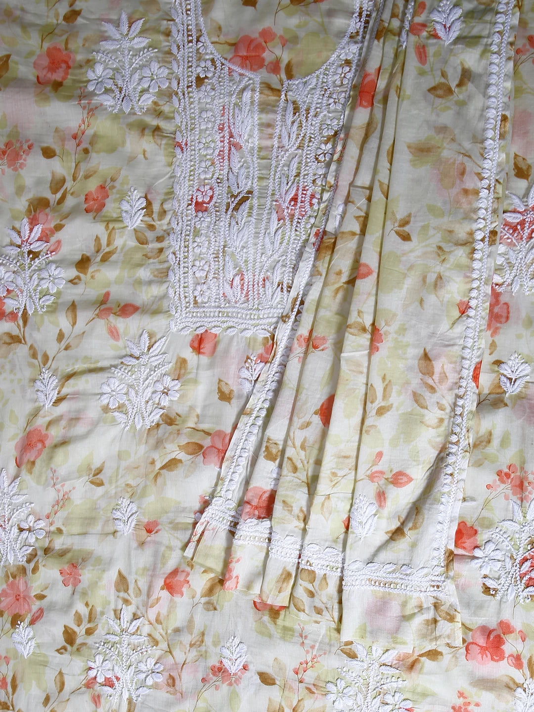 Ada Hand Embroidered Lemon Floral Print Cotton Blend Lucknowi Chikankari Unstitched Kurta Dupatta Set 01A444661