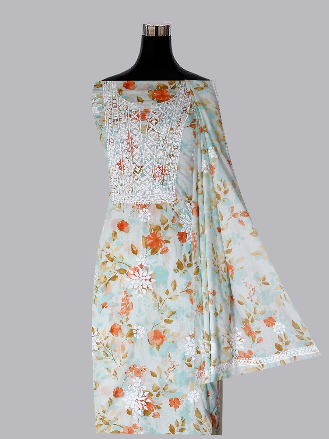 Ada Hand Embroidered Sea Green Floral Print Cotton Blend Lucknowi Chikankari Unstitched Kurta Dupatta Set 01A444630