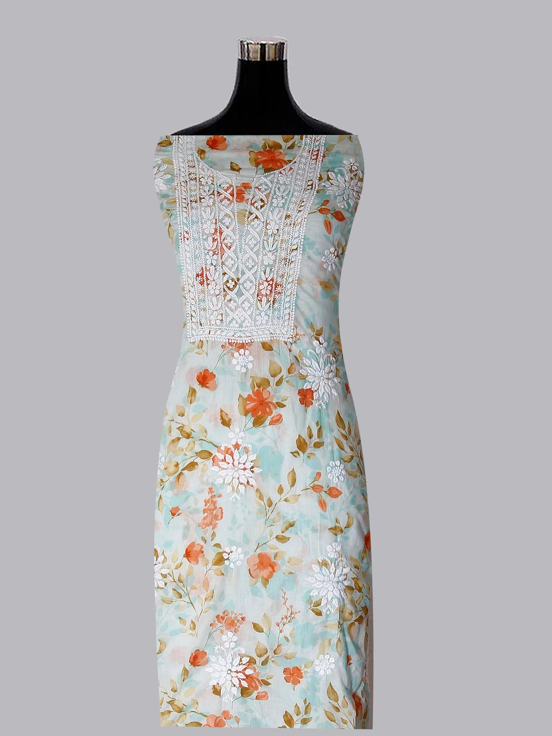 Ada Hand Embroidered Sea Green Floral Print Cotton Blend Lucknowi Chikankari Unstitched Kurta Dupatta Set 01A444630