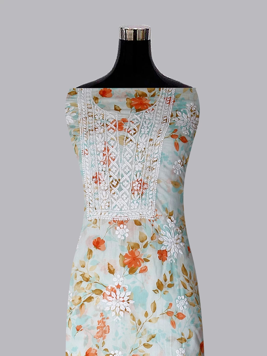 Ada Hand Embroidered Sea Green Floral Print Cotton Blend Lucknowi Chikankari Unstitched Kurta Dupatta Set 01A444630