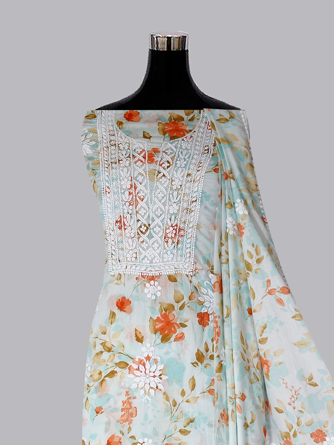 Ada Hand Embroidered Sea Green Floral Print Cotton Blend Lucknowi Chikankari Unstitched Kurta Dupatta Set 01A444630