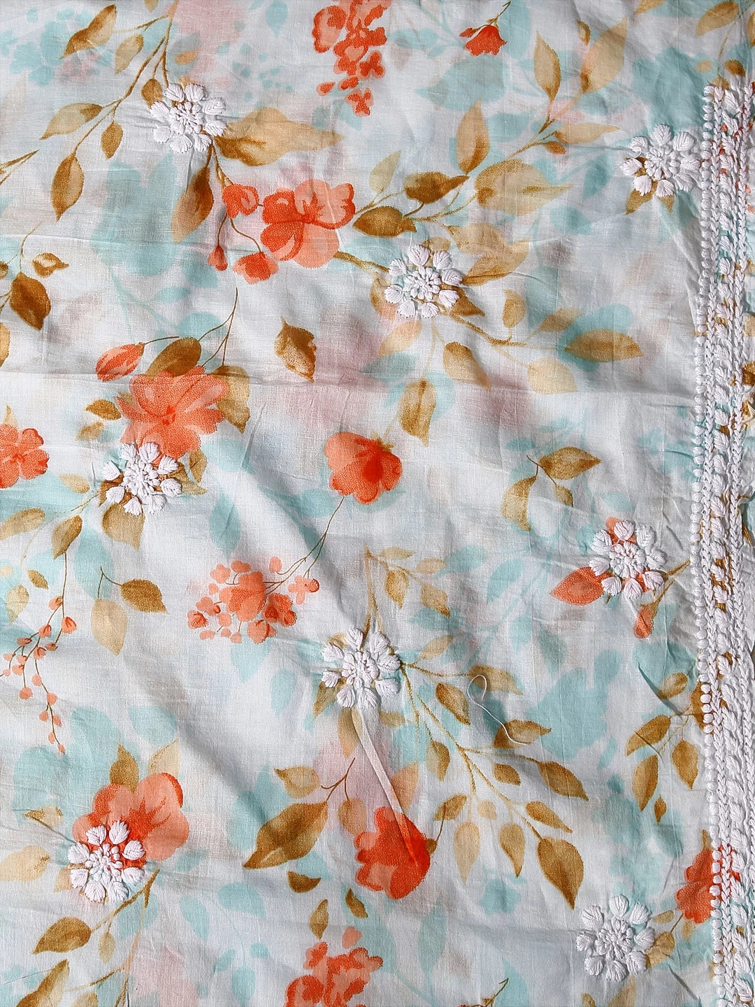 Ada Hand Embroidered Sea Green Floral Print Cotton Blend Lucknowi Chikankari Unstitched Kurta Dupatta Set 01A444630