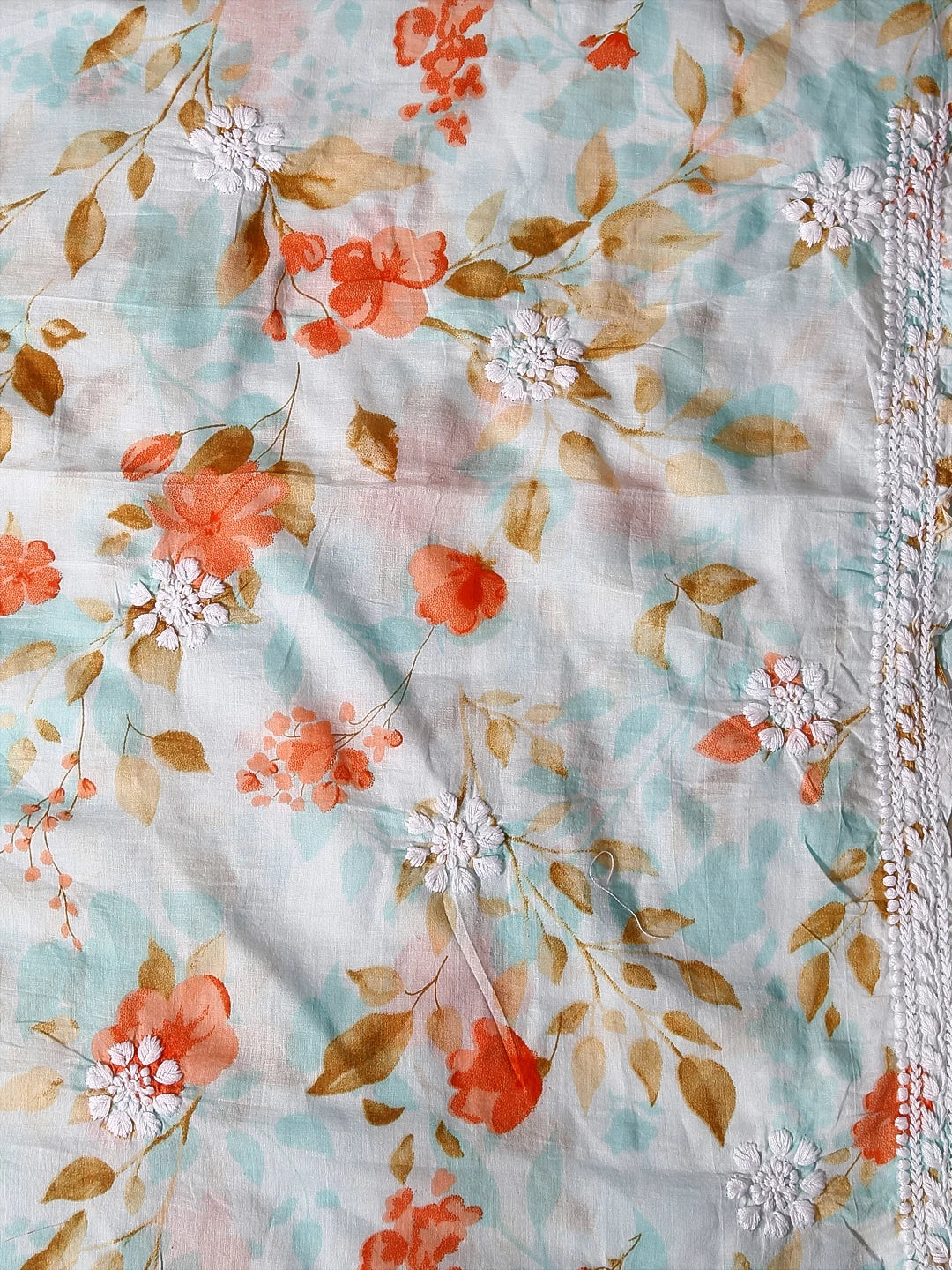 Ada Hand Embroidered Sea Green Floral Print Cotton Blend Lucknowi Chikankari Unstitched Kurta Dupatta Set 01A444630