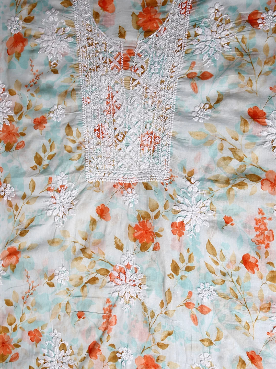 Ada Hand Embroidered Sea Green Floral Print Cotton Blend Lucknowi Chikankari Unstitched Kurta Dupatta Set 01A444630