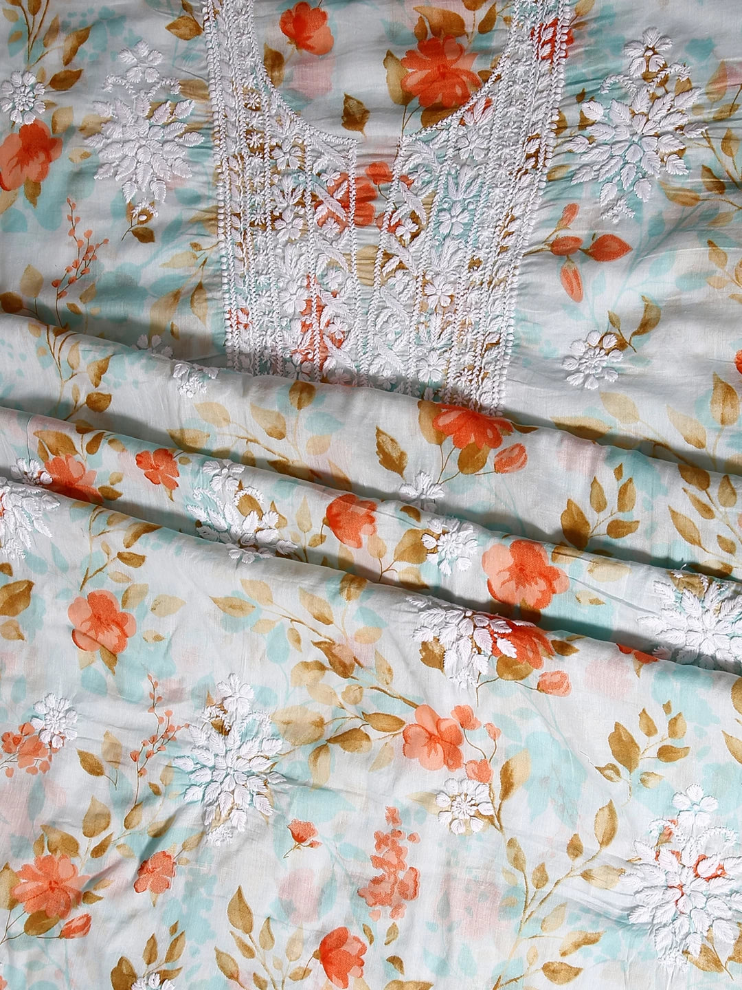 Ada Hand Embroidered Sea Green Floral Print Cotton Blend Lucknowi Chikankari Unstitched Kurta Dupatta Set 01A444630