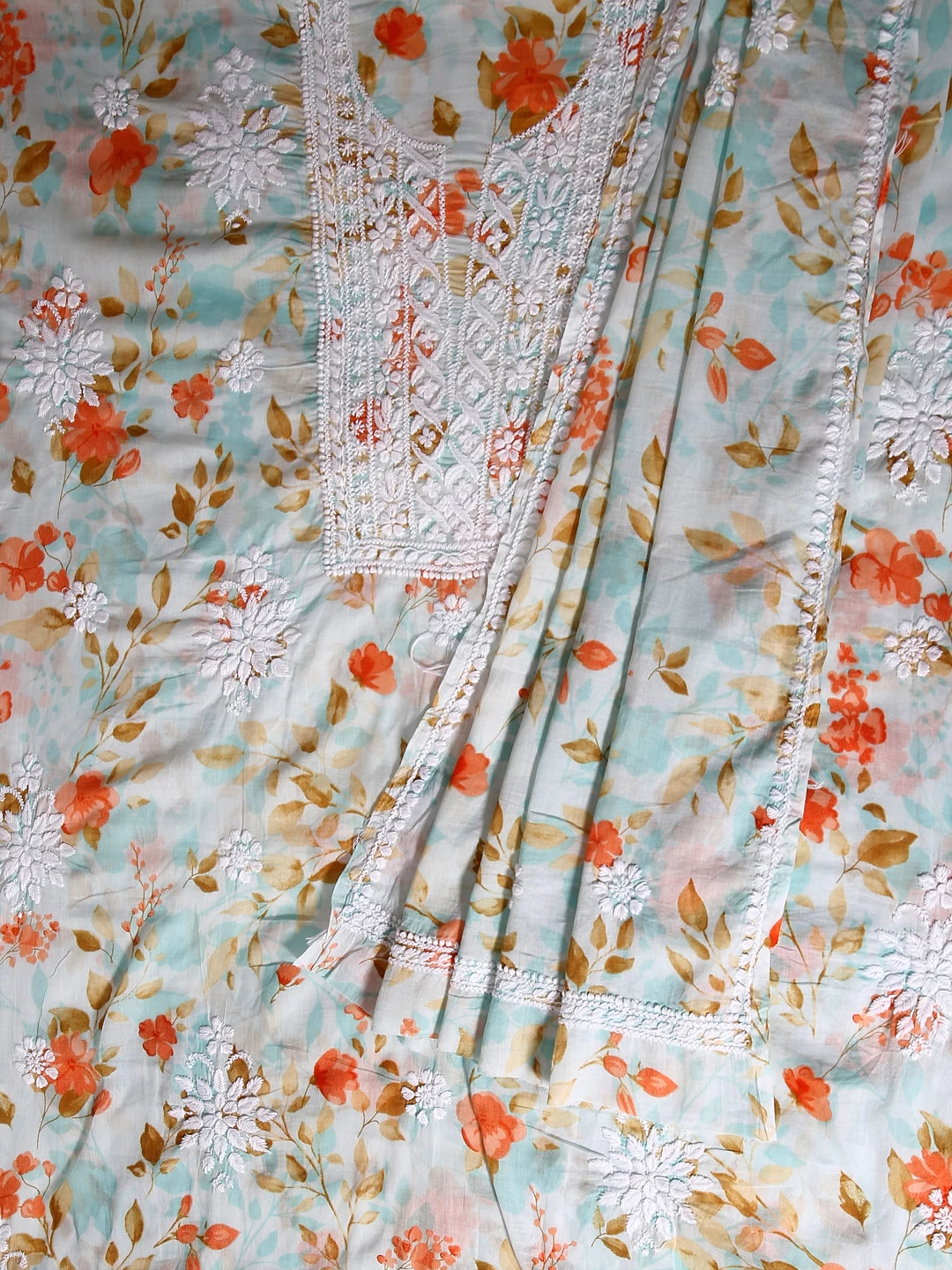 Ada Hand Embroidered Sea Green Floral Print Cotton Blend Lucknowi Chikankari Unstitched Kurta Dupatta Set 01A444630