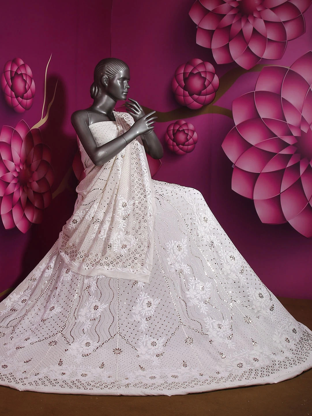 Ada Hand Embroidered Ivory White Pure Georgette Lucknowi Chikankari Lehenga Set With Muqaish Work 01A410354