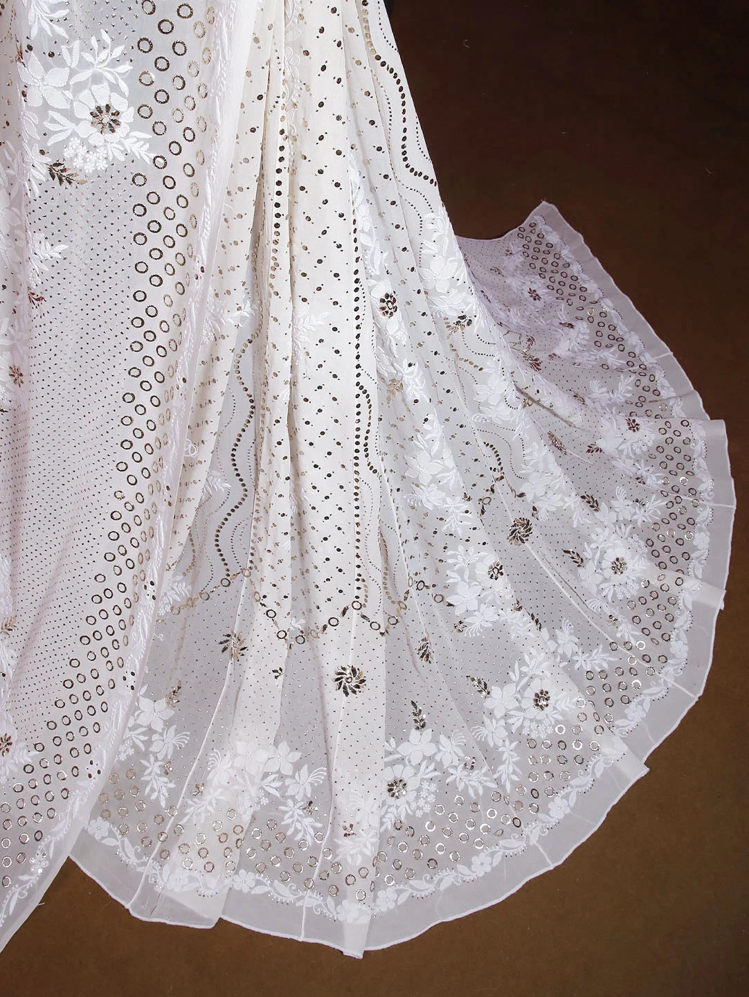 Ada Hand Embroidered Ivory White Pure Georgette Lucknowi Chikankari Lehenga Set With Muqaish Work 01A410354
