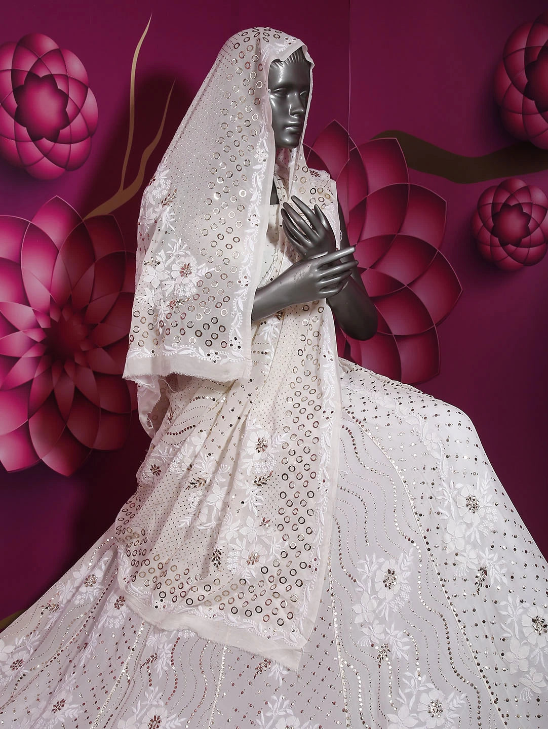Ada Hand Embroidered Ivory White Pure Georgette Lucknowi Chikankari Lehenga Set With Muqaish Work 01A410354