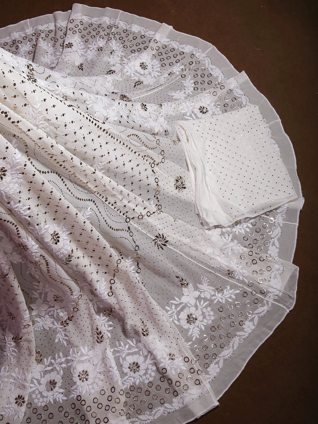 Ada Hand Embroidered Ivory White Pure Georgette Lucknowi Chikankari Lehenga Set With Muqaish Work 01A410354
