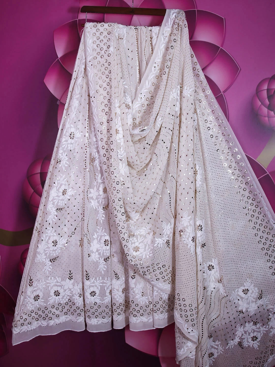 Ada Hand Embroidered Ivory White Pure Georgette Lucknowi Chikankari Lehenga Set With Muqaish Work 01A410354