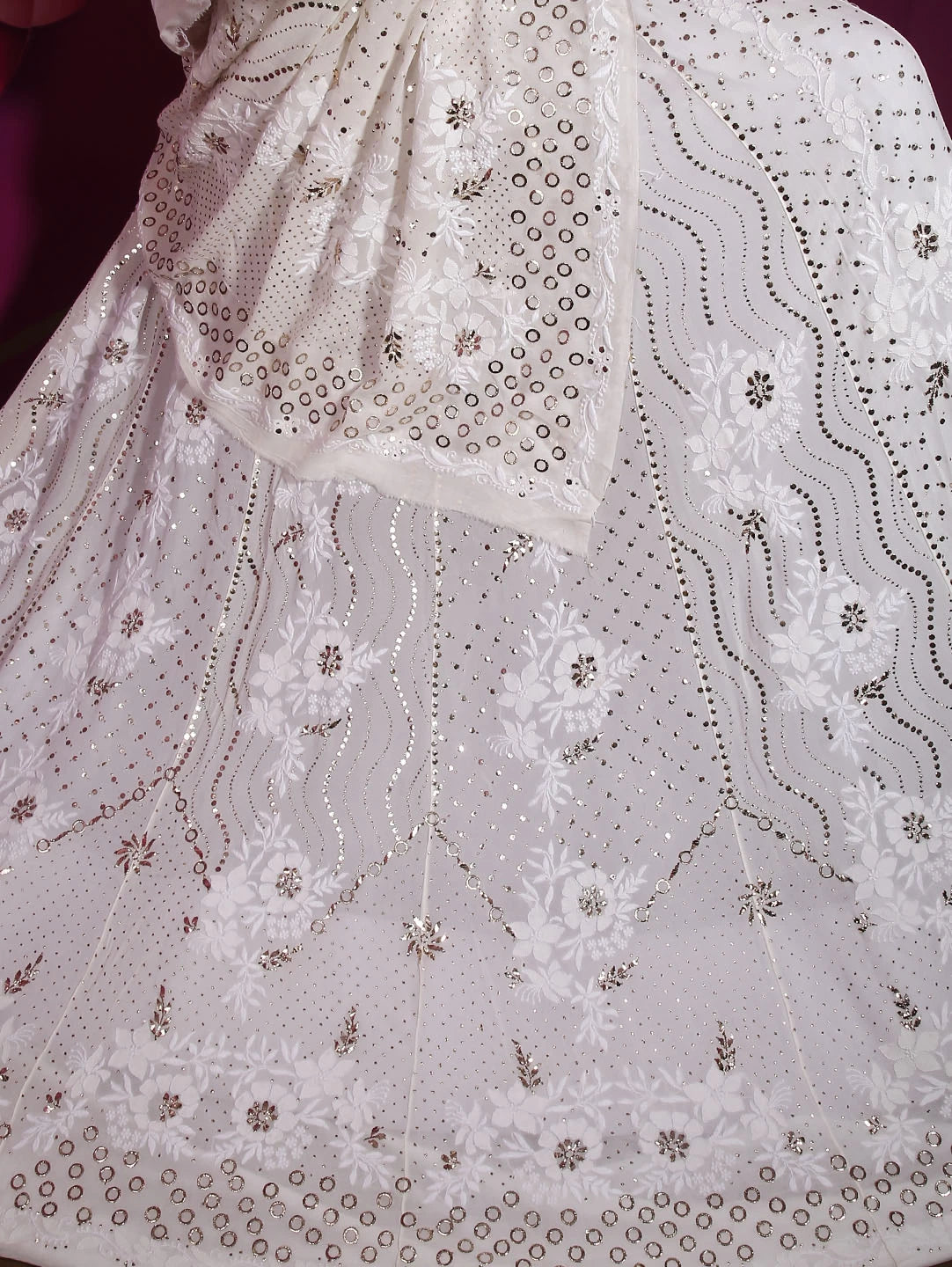 Ada Hand Embroidered Ivory White Pure Georgette Lucknowi Chikankari Lehenga Set With Muqaish Work 01A410354