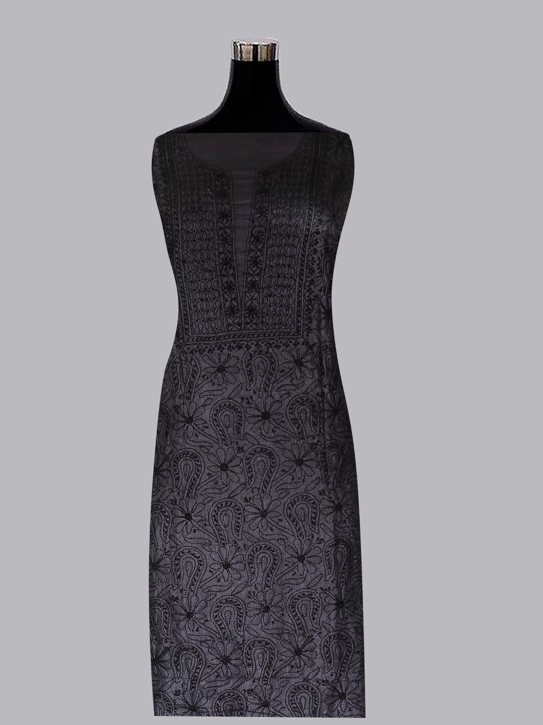 Ada Hand Embroidered Charcoal Black Silk Lucknowi Chikankari Unstitched Kurta Piece 01A445564