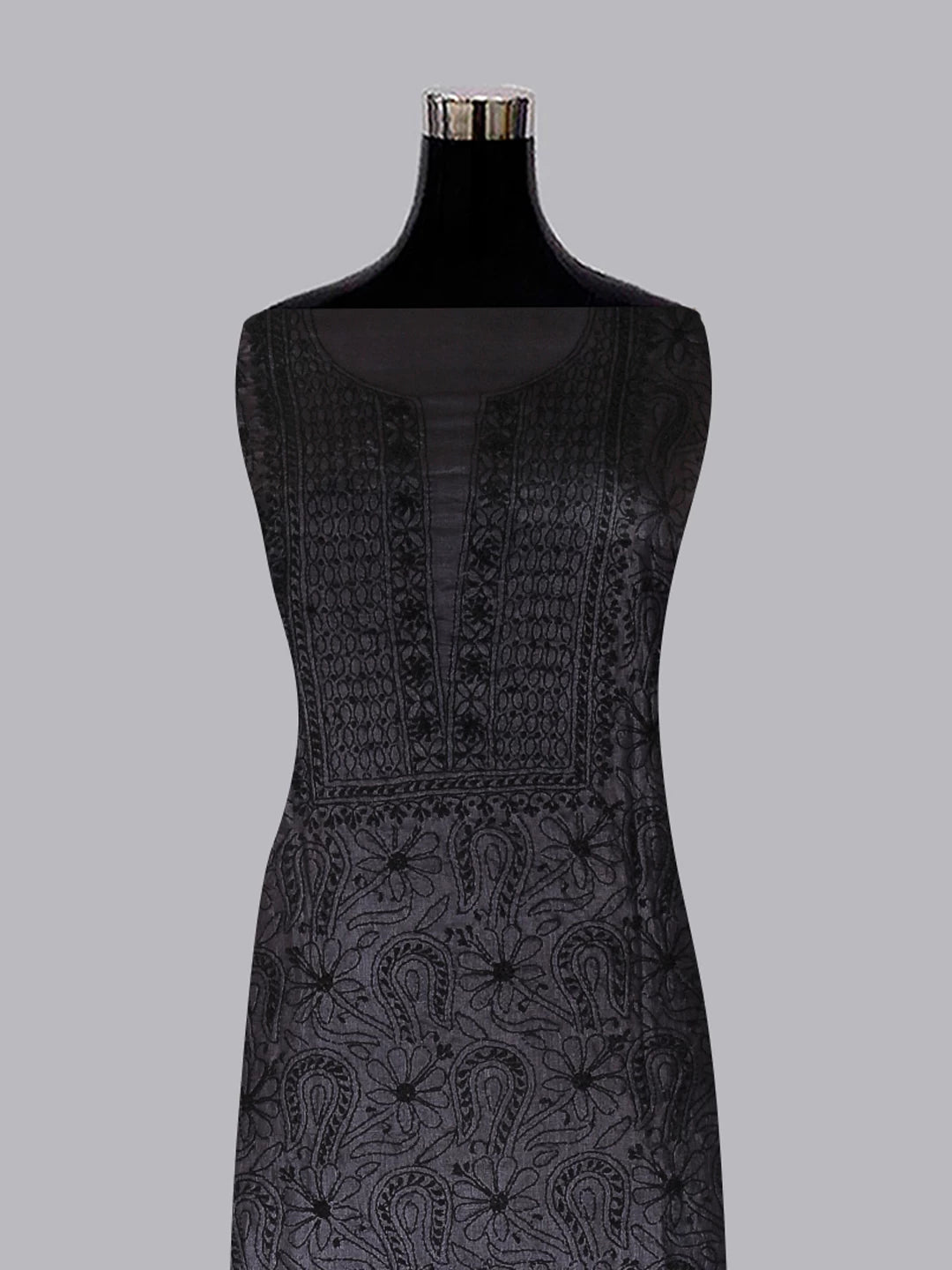 Ada Hand Embroidered Charcoal Black Silk Lucknowi Chikankari Unstitched Kurta Piece 01A445564