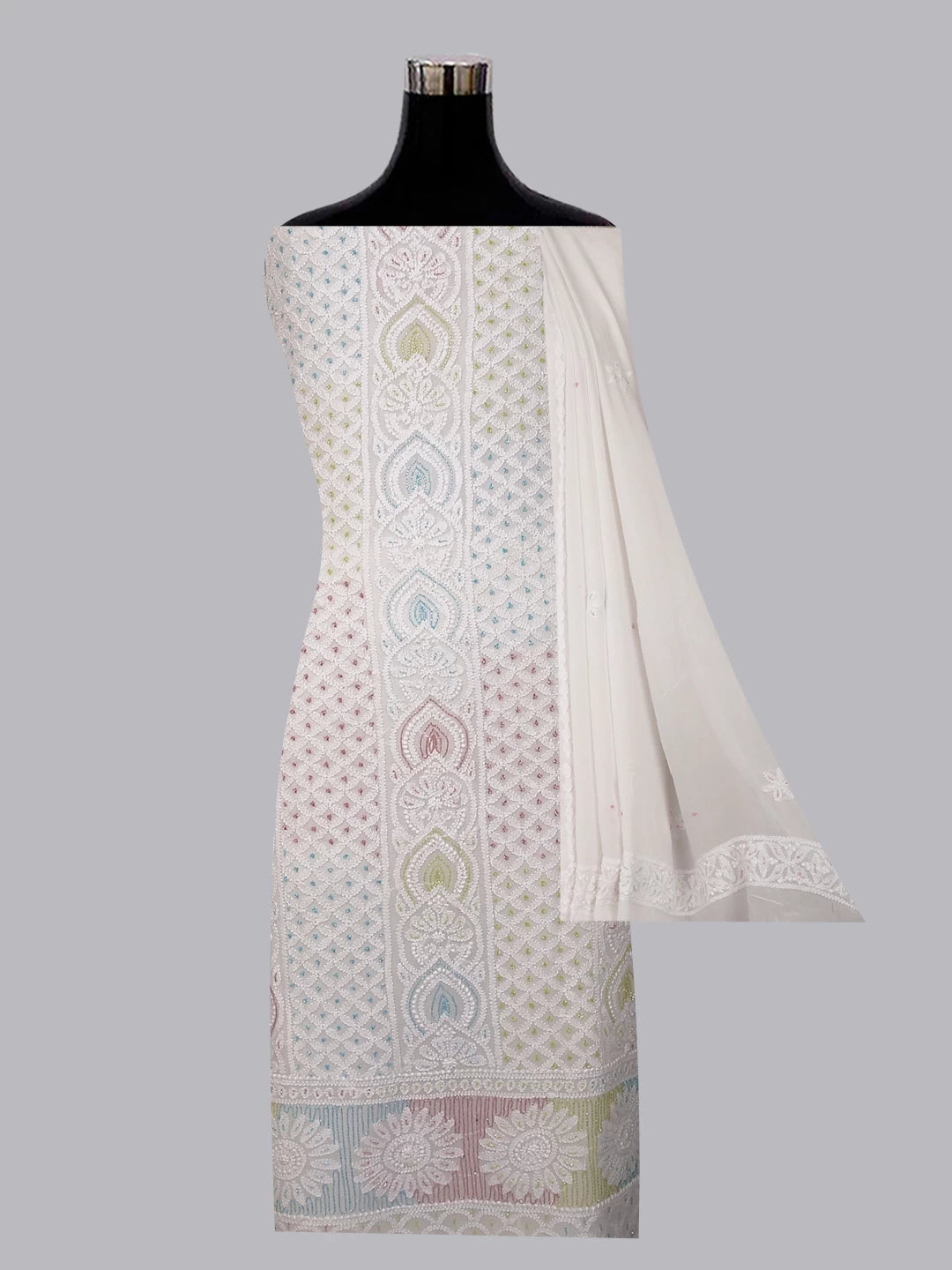 Ada Hand Embroidered White Viscose Georgette Lucknowi Chikankari Unstitched Kurta Dupatta Set With Cutdana Work 01A402350