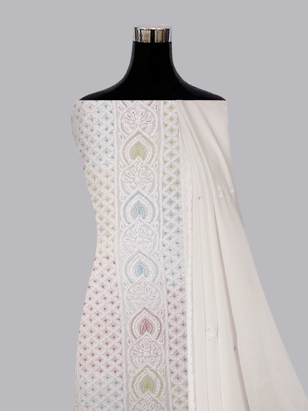 Ada Hand Embroidered White Viscose Georgette Lucknowi Chikankari Unstitched Kurta Dupatta Set With Cutdana Work 01A402350