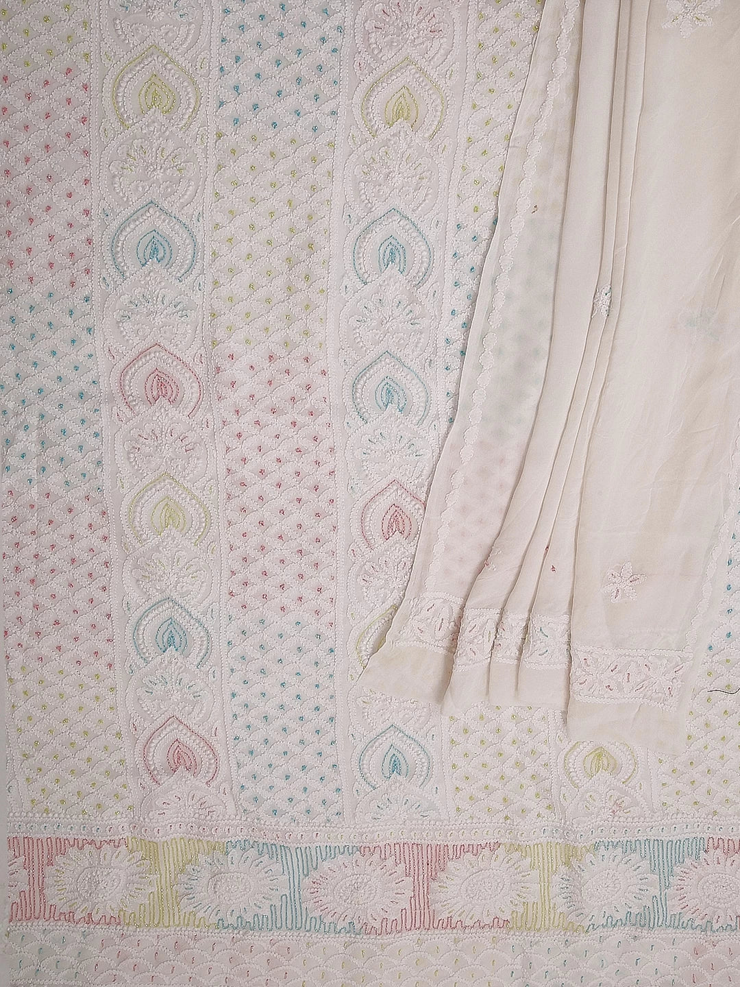 Ada Hand Embroidered White Viscose Georgette Lucknowi Chikankari Unstitched Kurta Dupatta Set With Cutdana Work 01A402350