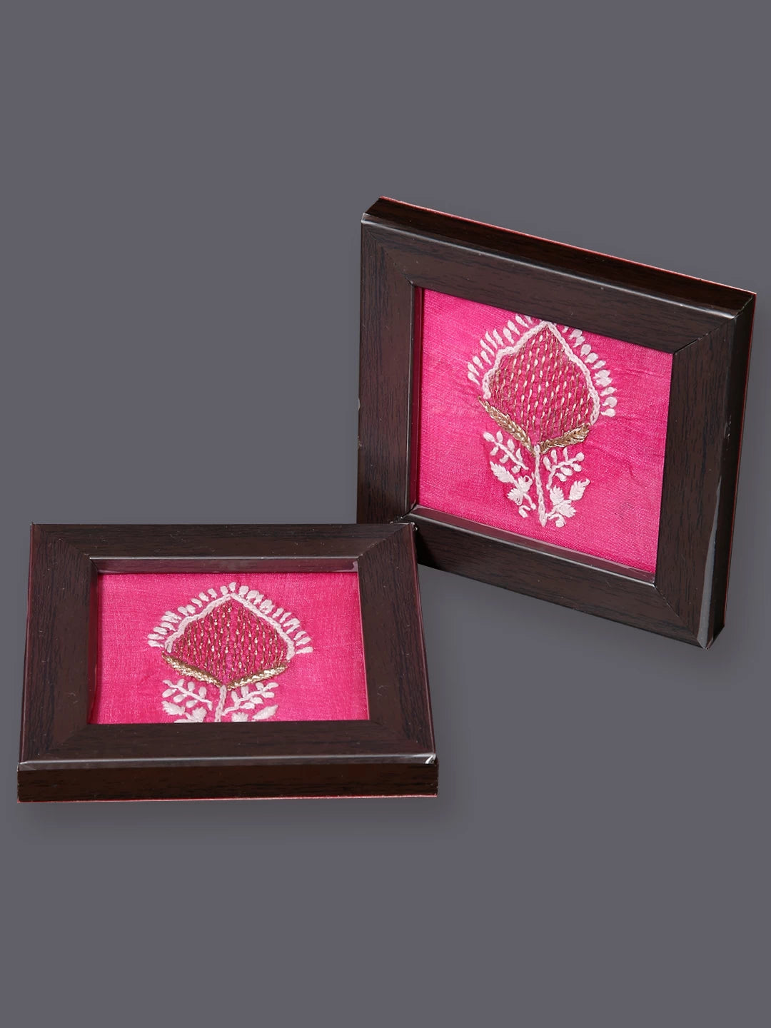 Ada Hand Embroidered French Pink Silk Lucknowi Chikankari Table Coaster With Zari Work 01A445730