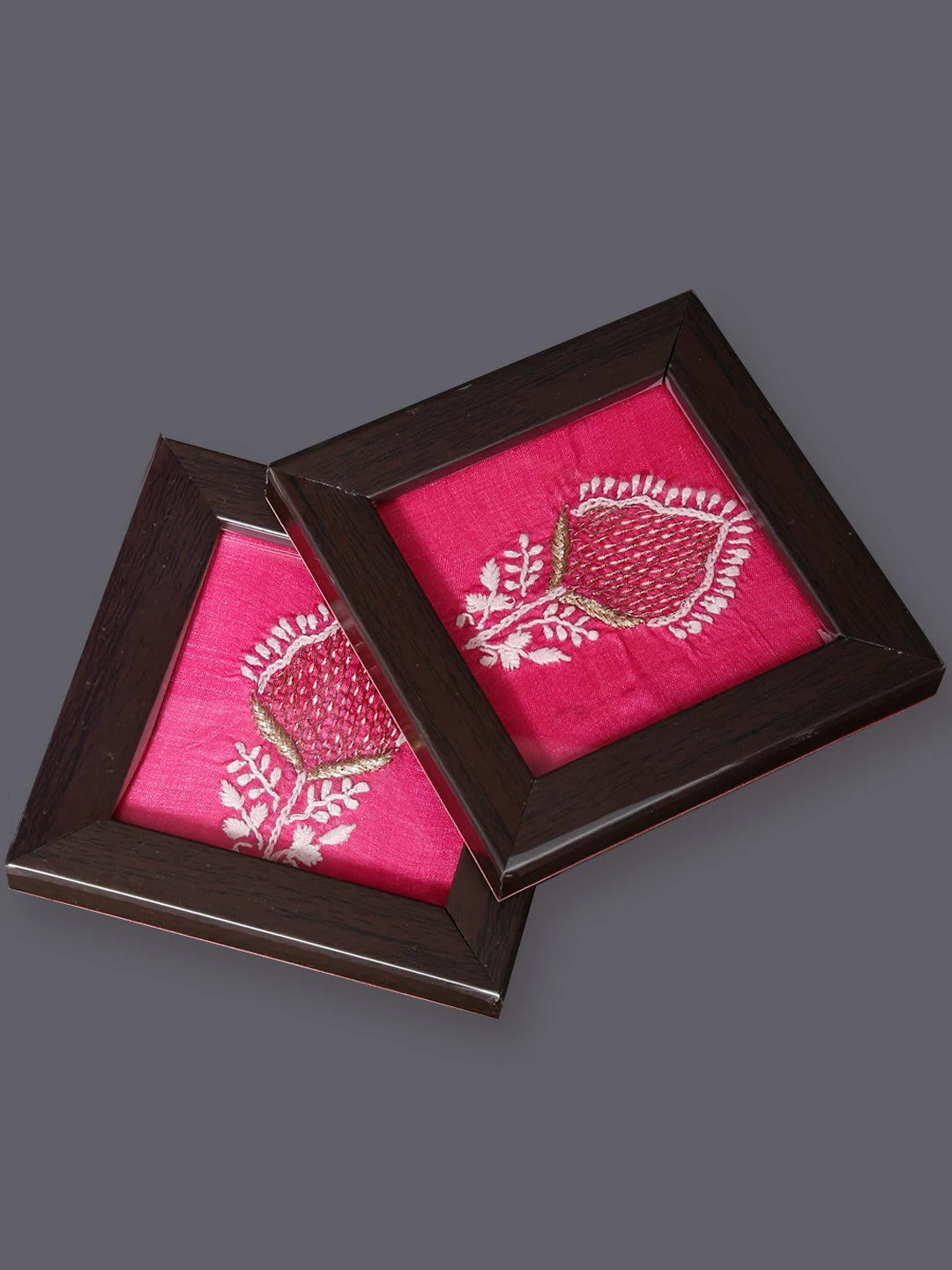 Ada Hand Embroidered French Pink Silk Lucknowi Chikankari Table Coaster With Zari Work 01A445730
