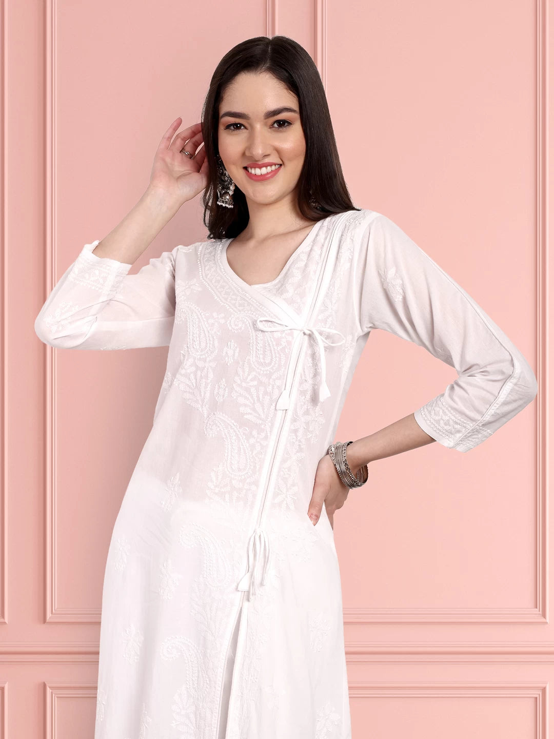 Ada Hand Embroidered White Cotton Angarkha Lucknowi Chikankari Kurta A100146