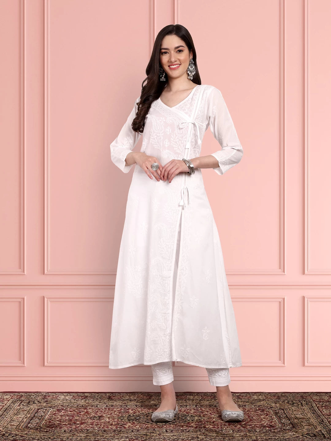 Ada Hand Embroidered White Cotton Angarkha Lucknowi Chikankari Kurta A100146