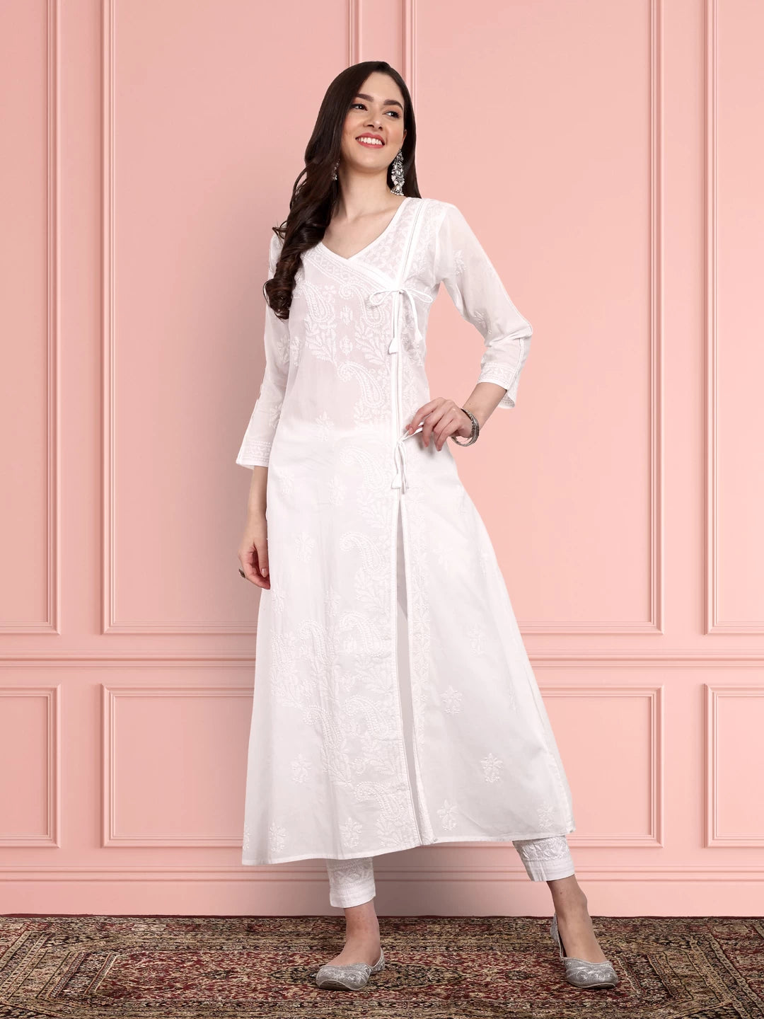 Ada Hand Embroidered White Cotton Angarkha Lucknowi Chikankari Kurta A100146