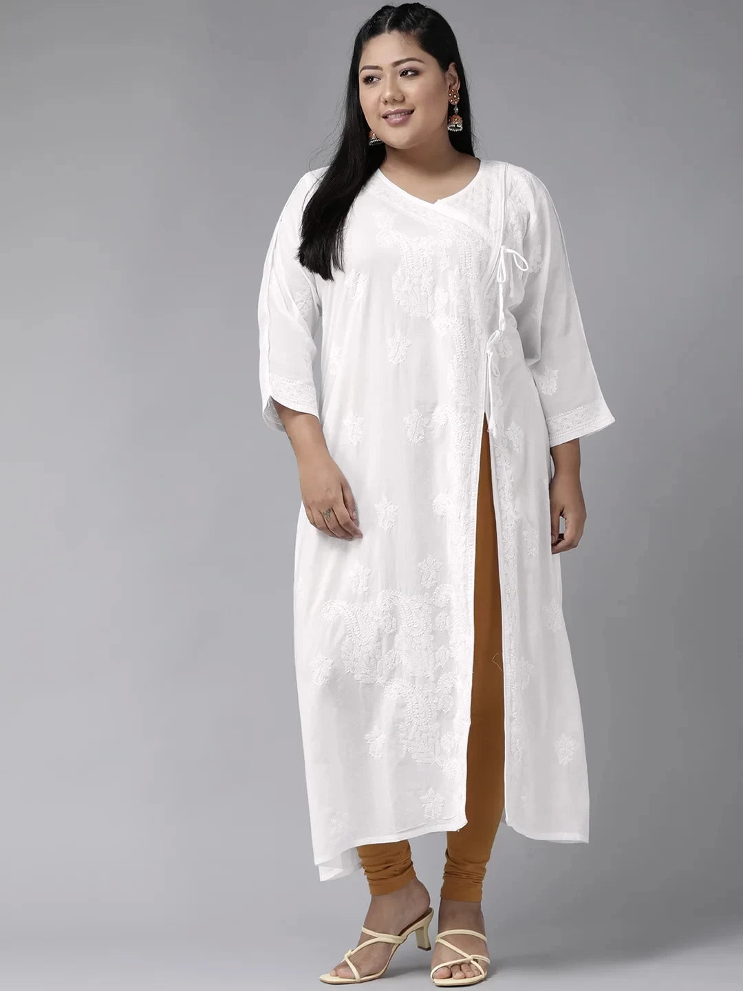 Ada Hand Embroidered White Cotton Angarkha Lucknowi Chikankari Kurta A100146