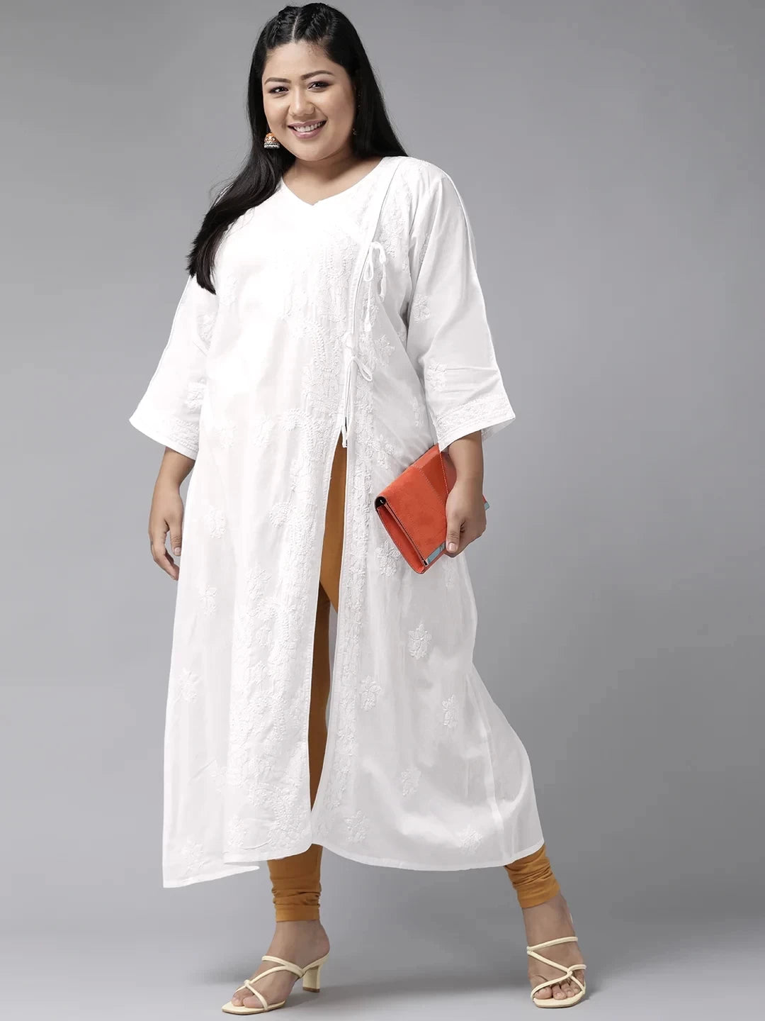 Ada Hand Embroidered White Cotton Angarkha Lucknowi Chikankari Kurta A100146