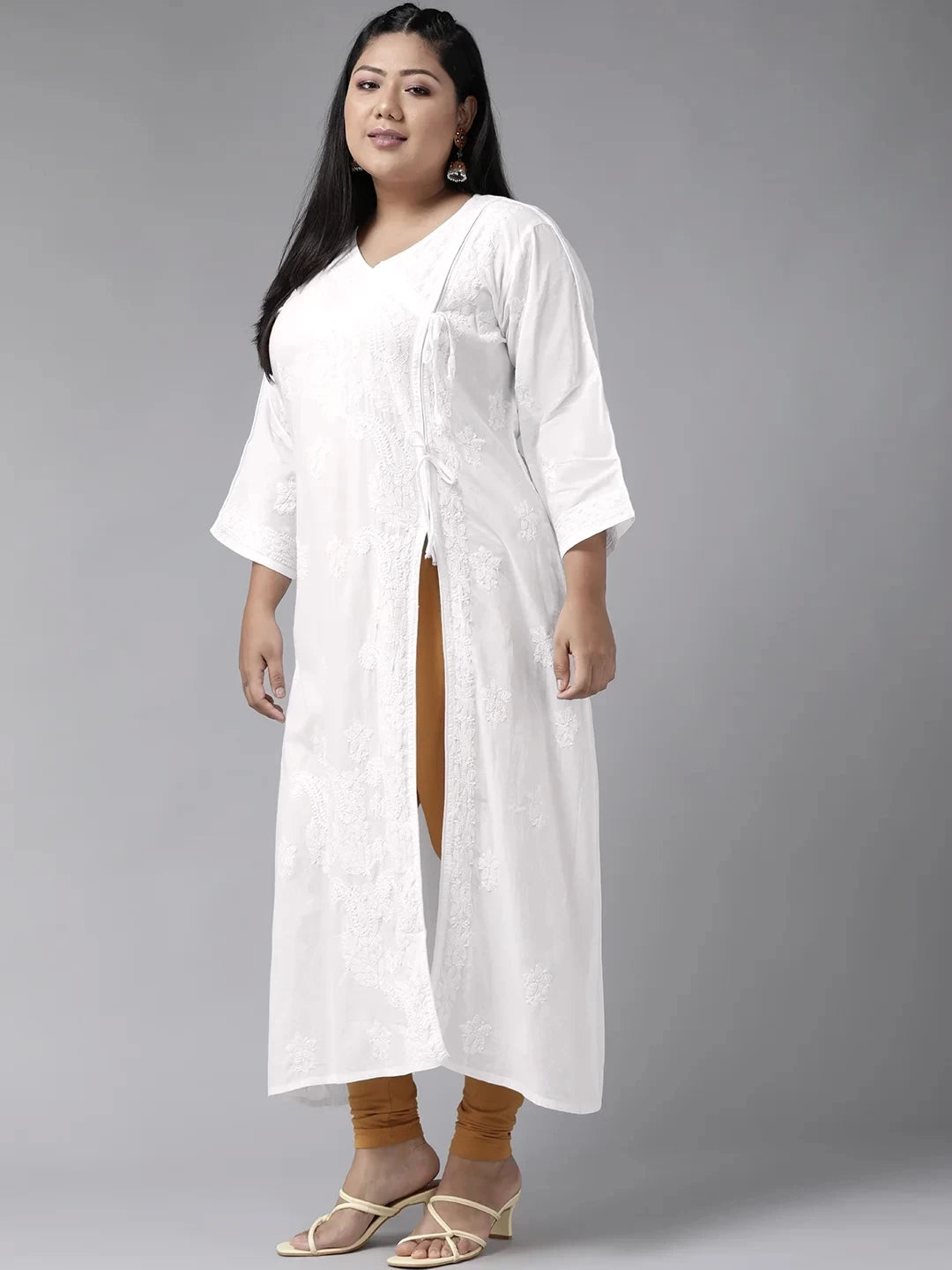 Ada Hand Embroidered White Cotton Angarkha Lucknowi Chikankari Kurta A100146